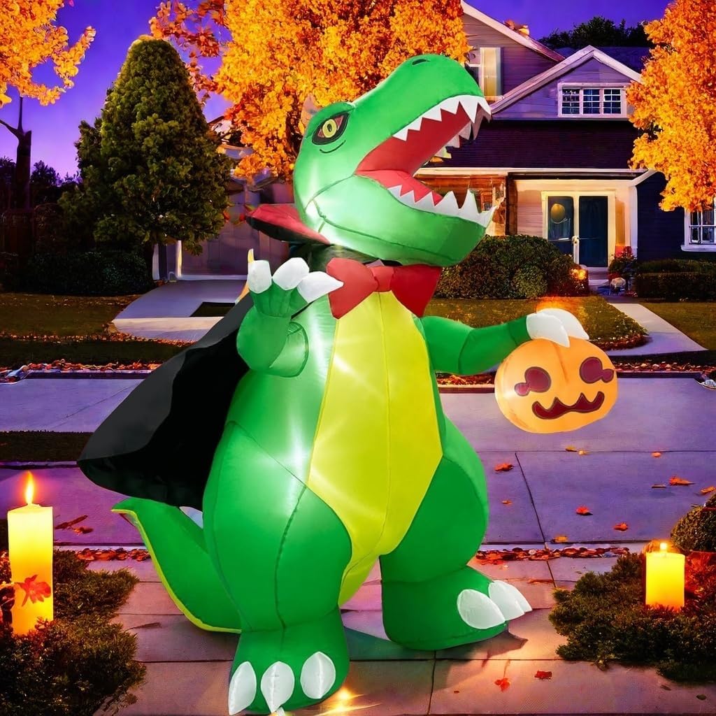 6 FT Halloween Inflatable Dinosaur Decoration, Dinosaur Carrying Pumpkin Body Suit, Built-in LED Lights, Outdoor Party Garden Lawn Holiday Decoration