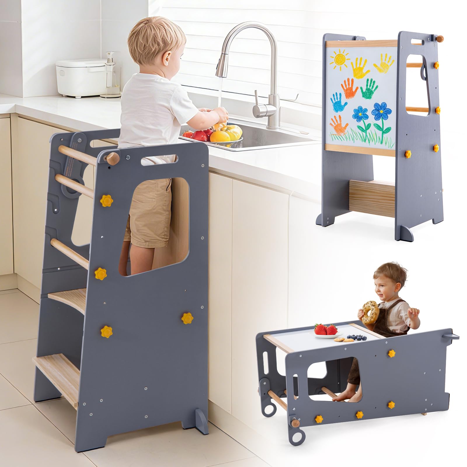 Torre de pie para niños, taburete de cocina para niños pequeños con pizarra blanca, torre de aprendizaje para niños de altura ajustable con protección antideslizante, taburete para niños con