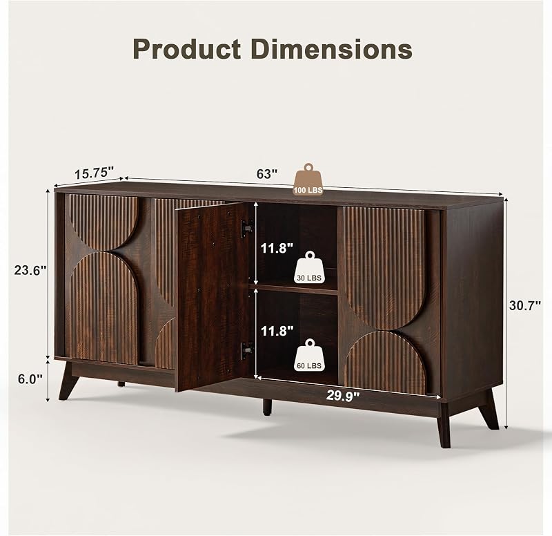 63 Inch Mid Century Modern TV Stand Up to 70inch TV, Dark Walnut image 4