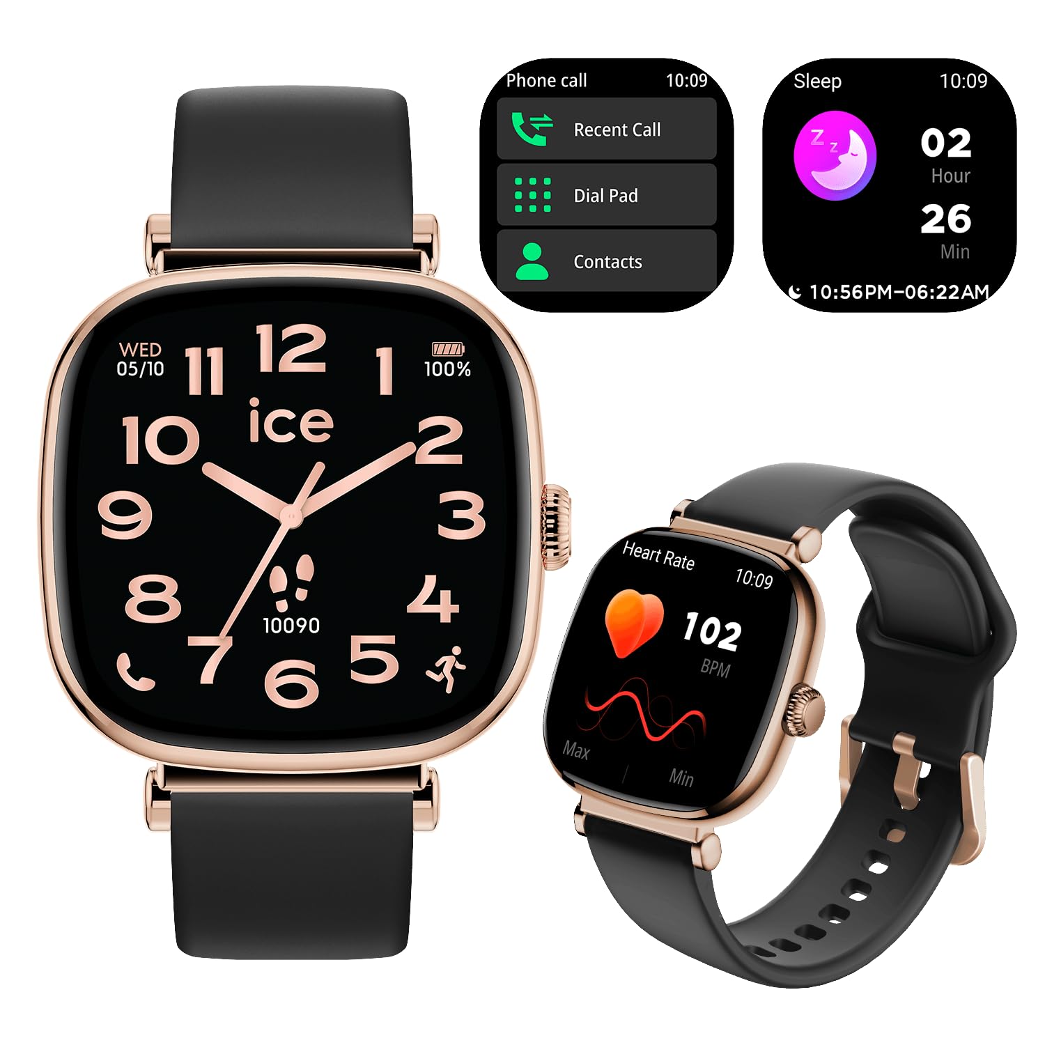Ice-Watch - ICE smart SQ 2.0 Rose-gold Black - Różowo-złoty smartwatch damski z silikonowym paskiem - 025890 (1,2 cala / 37mm)