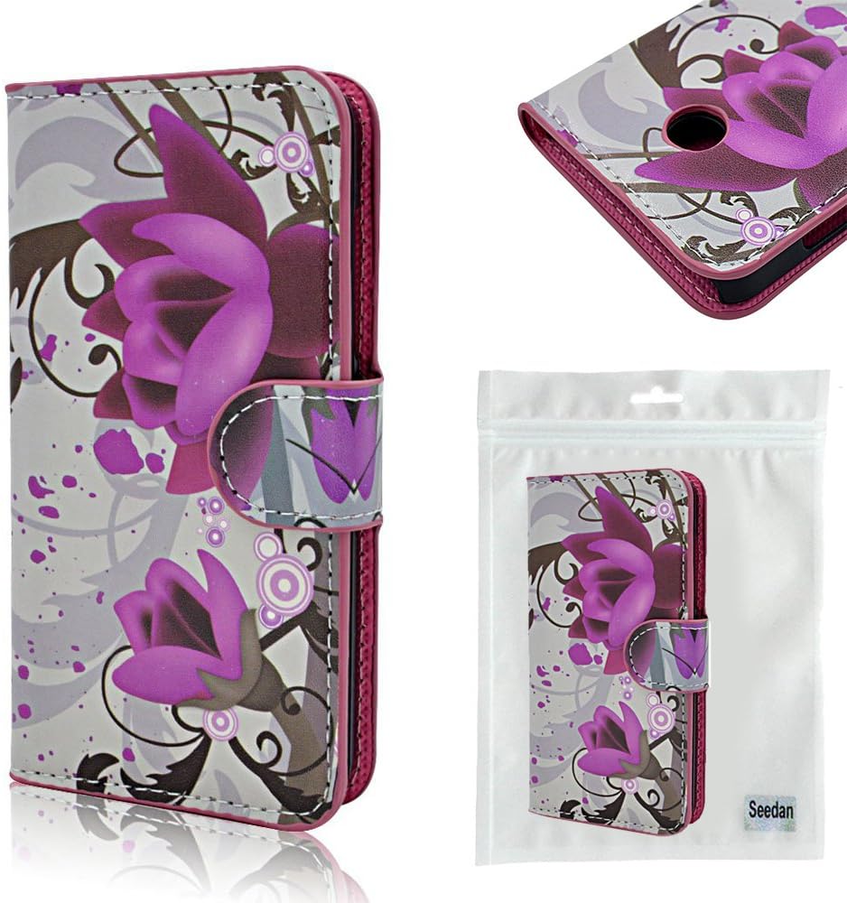 Nokia Lumia 630 Case, Seedan Premium Leather Case [Stand Feature] Classic Series Folio Holster Wallet Pocket for Nokia Lumia 630 635 STAND Flip Cover with [Card Slots] - (White) Purple Lotus