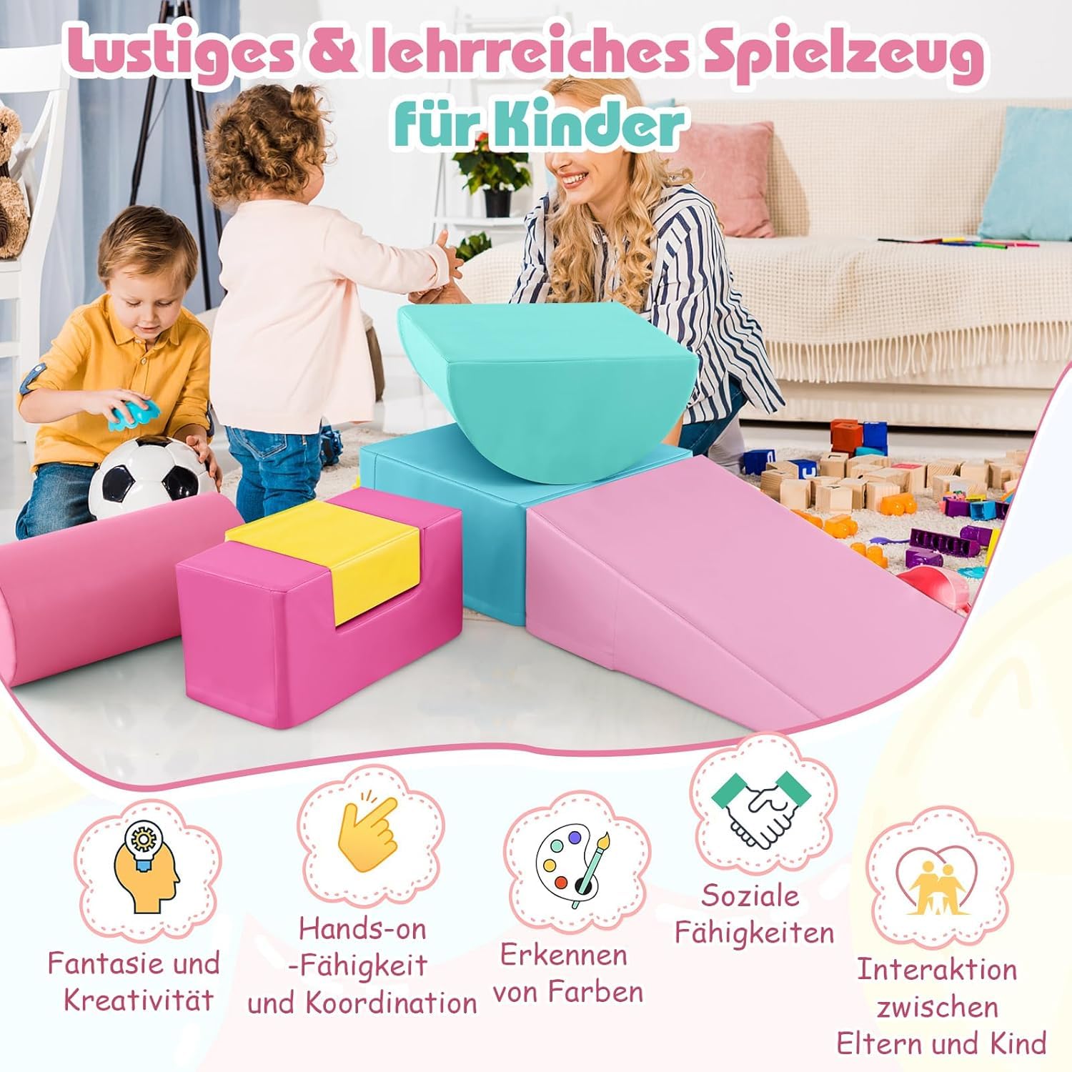 FANTASK 6 STK. Schaumstoffbausteine Dunkelrosa, Baby Softbausteine aus Schaumstoff, Riesenbausteine zum Toben und Klettern für Schulkinder, Großbausteine Mehrfarbig, für Kinder im Vorschulalter