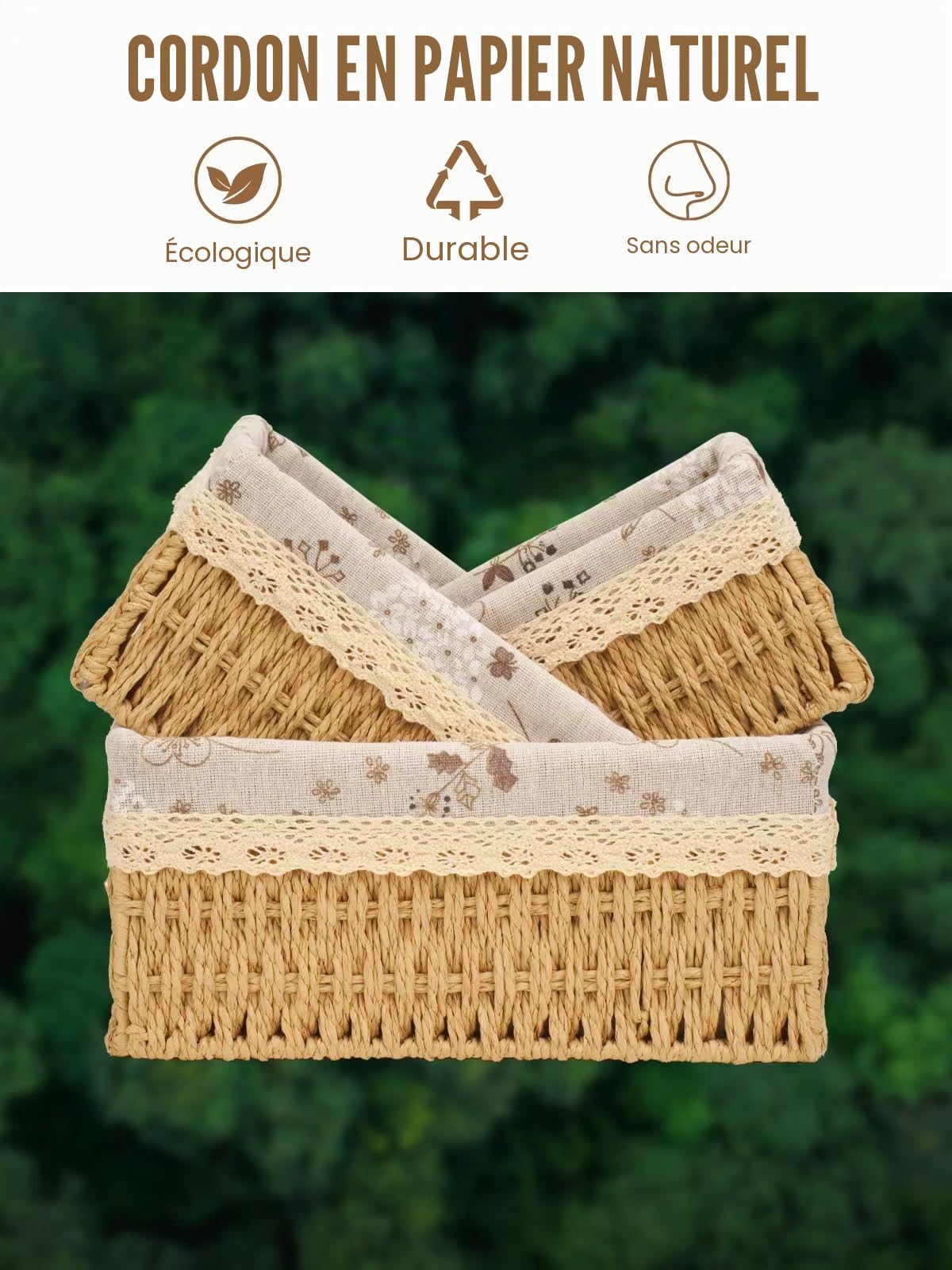 Amaredom Paniers en Osier à Motif Floral, Lot de 3 Paniers de Rangement Tissés à la Main de Différentes Tailles, Parfait pour l'Organisation, le Rangement et la Déco de la Maison – Beige