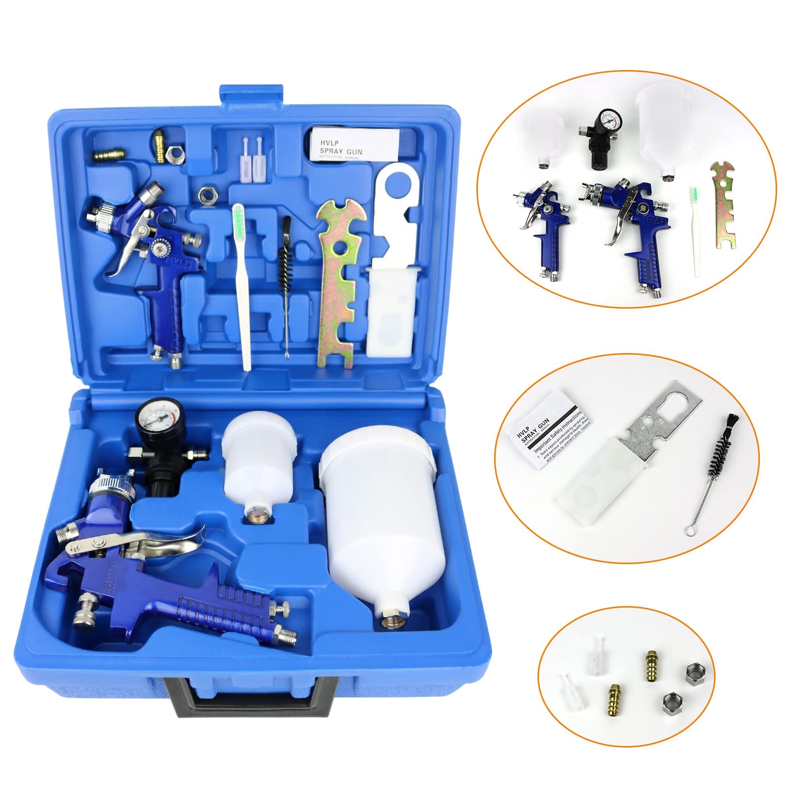 Juego de 2 pulverizadores de pintura HVLP, boquilla de 0.8 mm y 1.4 mm, kit profesional de pistola pulverizadora de alimentación por gravedad de aire con herramienta de pintura de taza de 125 ml y 600