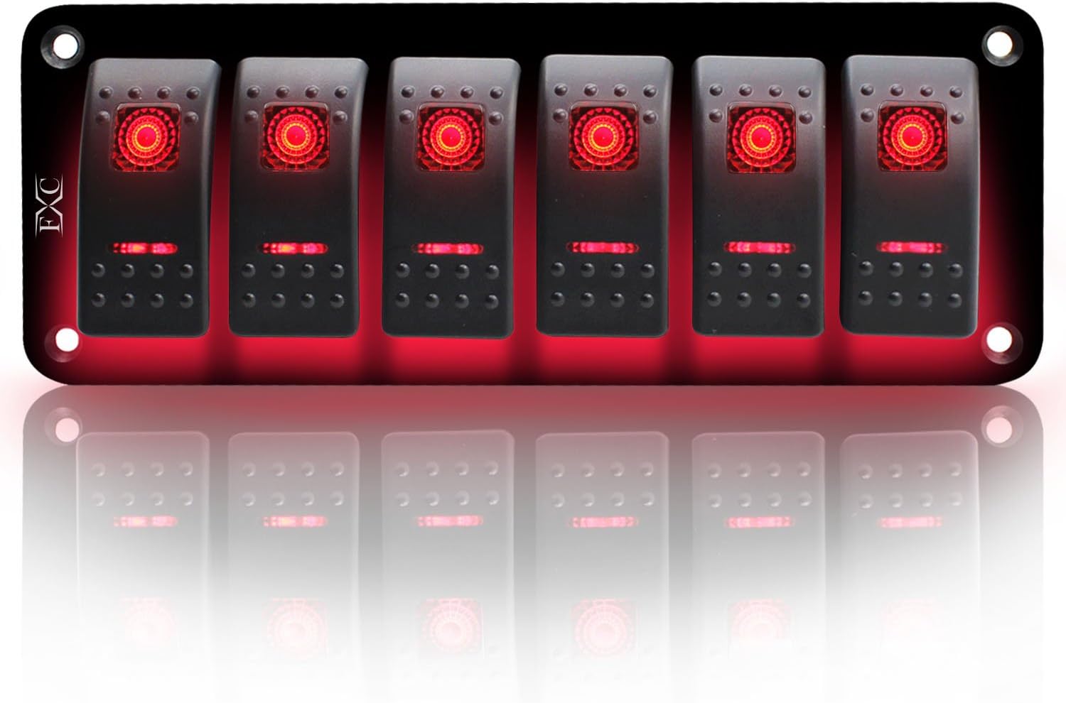 Rocker Switch Aluminum Panel 6 Gang Toggle Switches Dash 5 Pin ON/OFF 2 LED Backlit for Boat Car Marine Red