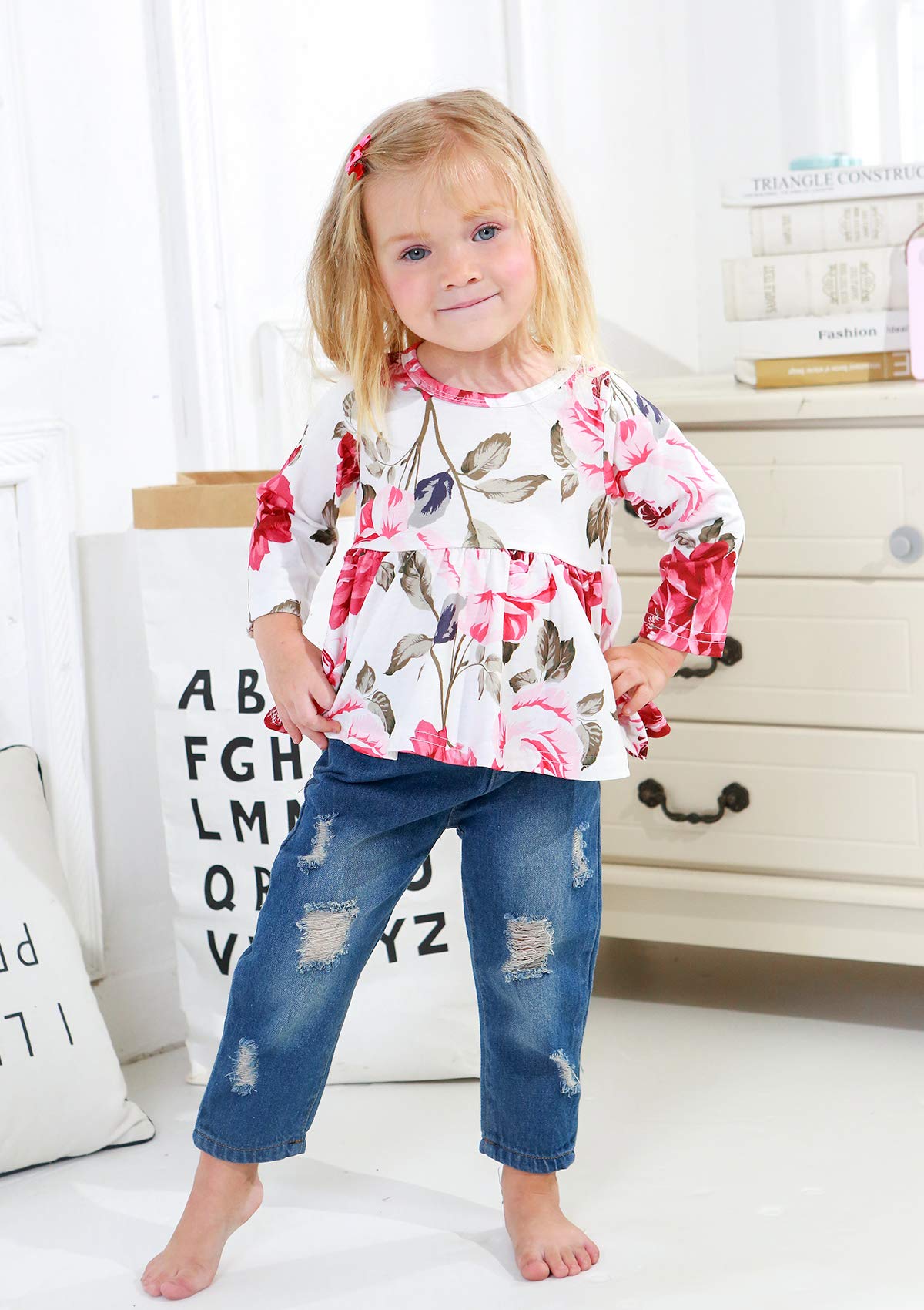 CARETOO Girls Clothes Stroje dla dziewczynek, śliczna dziewczynka, kwiatowa, z krótkim rękawem, zestaw kwiatów Ruffle Top