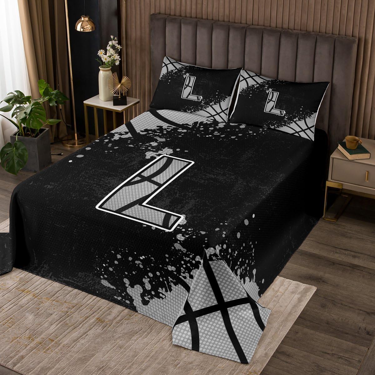 Erosebridal Black Grey Initial L Coverlet Set King Cool Basketball Personalized Letter Bedspread Ball Sports Theme Quilt Set for Kids Boys Teen,Sport Gaming Monogrammed Bedding Quilted
