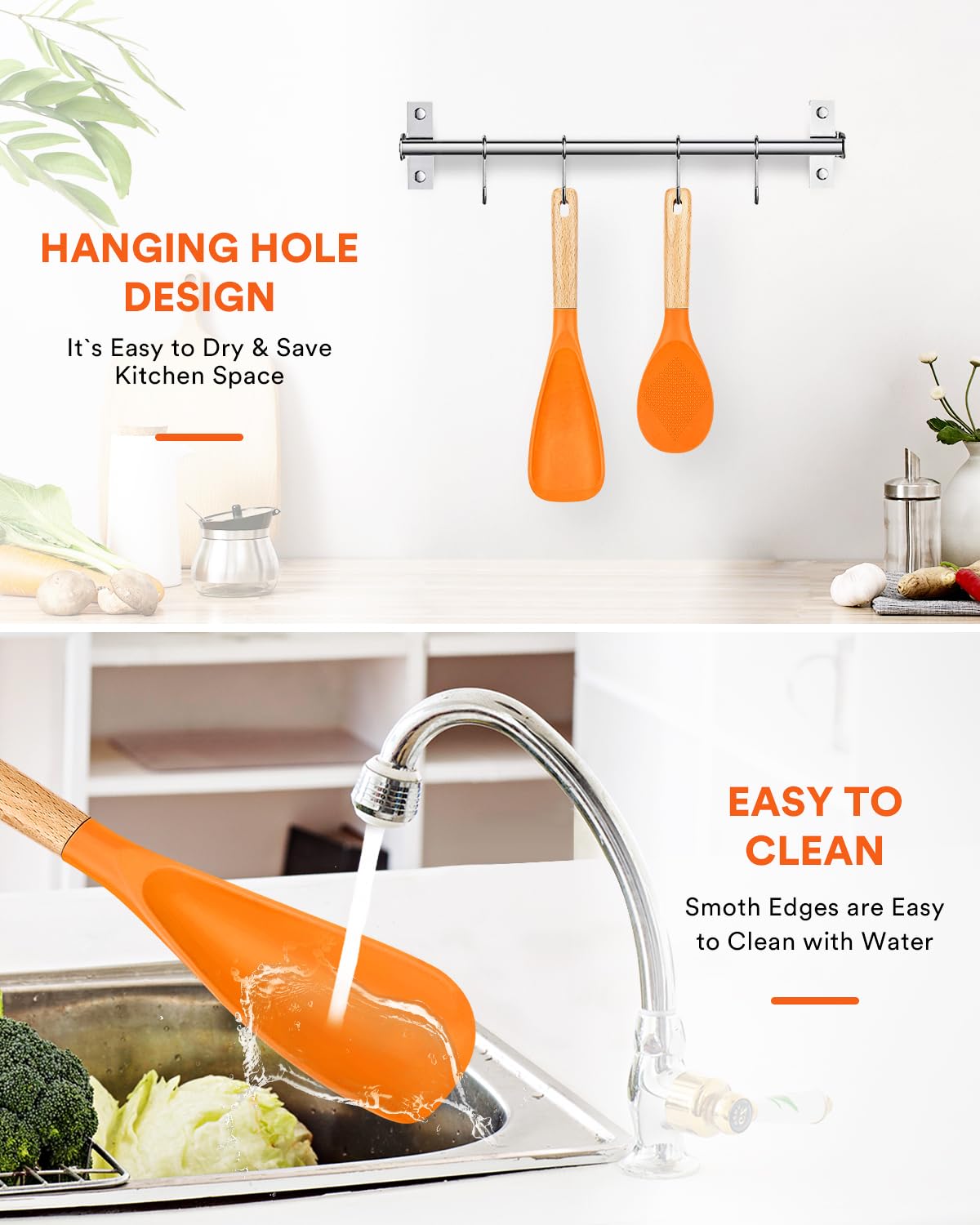 Kochlöffel und Reisschaufel für antihaftbeschichtetes Kochgeschirr, ideal zum Kochen und Servieren, stabiles BPA-freies, mattes Silikon, Holzgriff zum Mischen, Schaufeln und Schaben (Orange)