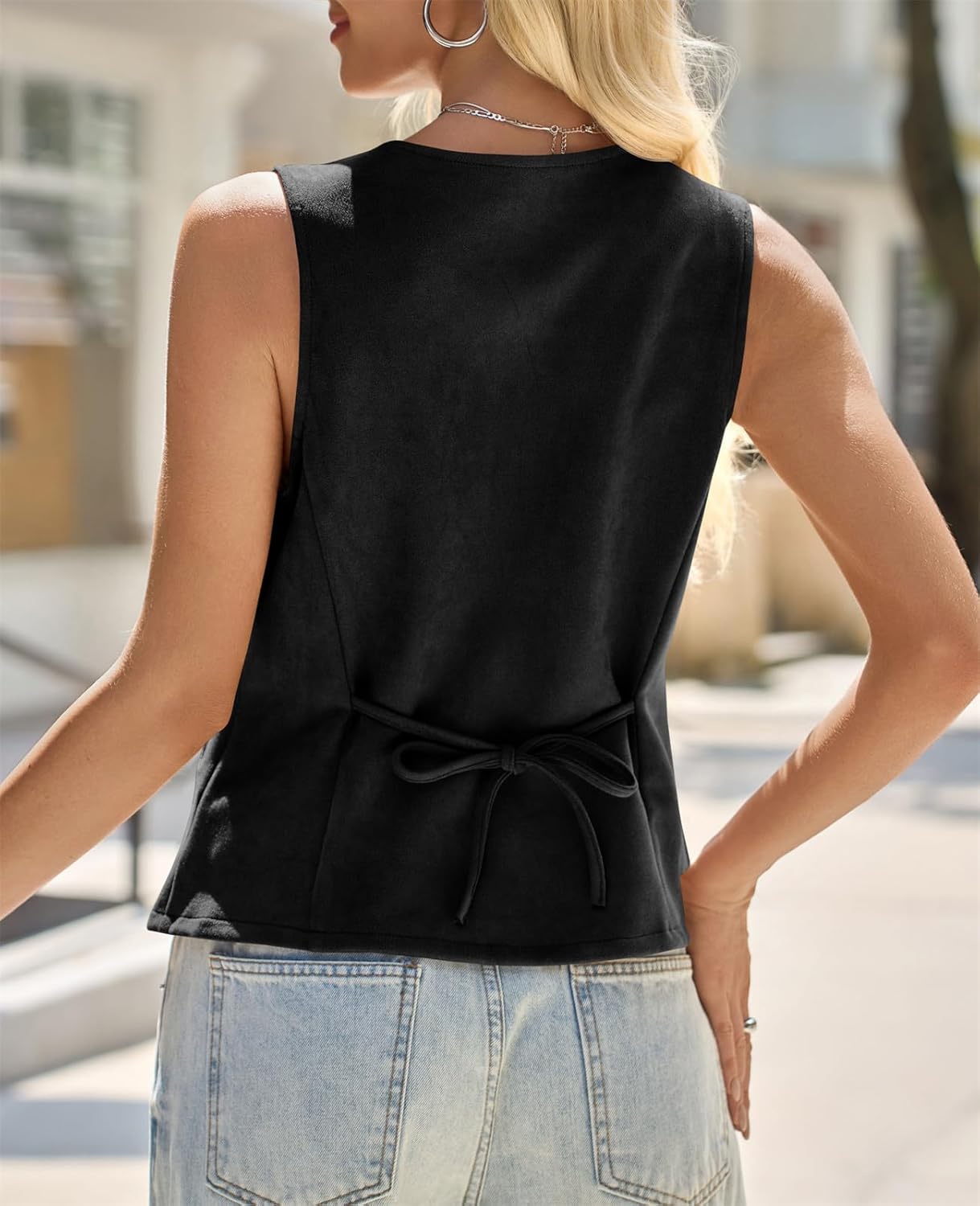 Tankaneo Womens Sleeveless Vest Trendy Suede Button Down Business Casual Suit Vest Tops Blazer Waistcoat - Image 5