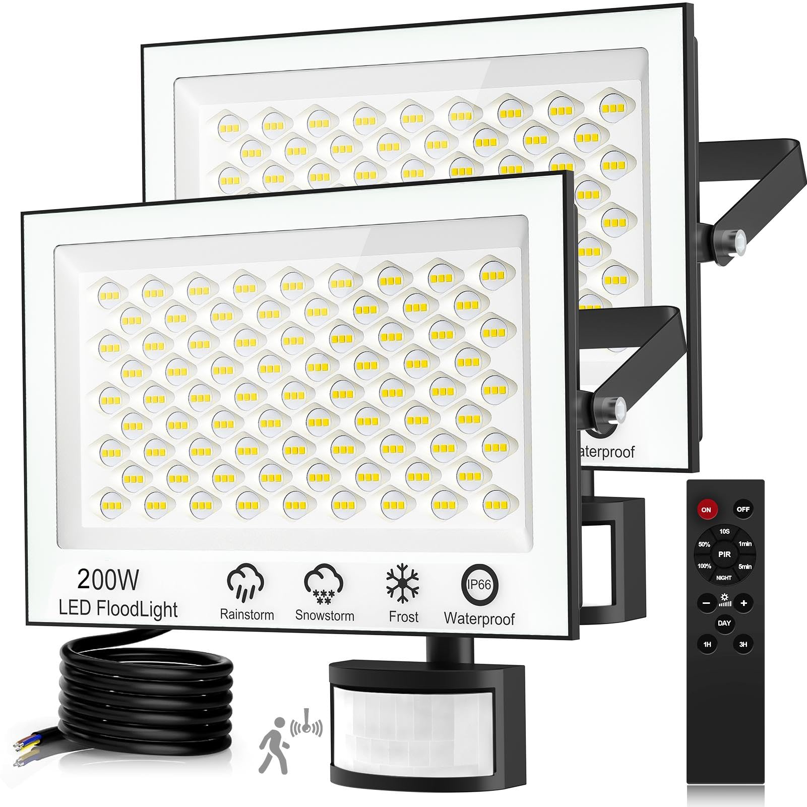 2 Stück 200W LED Strahler mit Bewegungsmelder Außen Fernbedienung Dimmbar | Timing Außenstrahler Scheinwerfer Lichtsensor | Flutlicht Kaltweiß 6500K IP66 Wasserdicht Fluter für Garten Garage