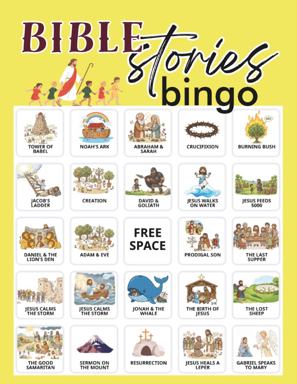 Bible Stories Bingo: 32 Player Game for Vacation Bible School, Kids Christian Sunday Church, Bible Games Party Activity