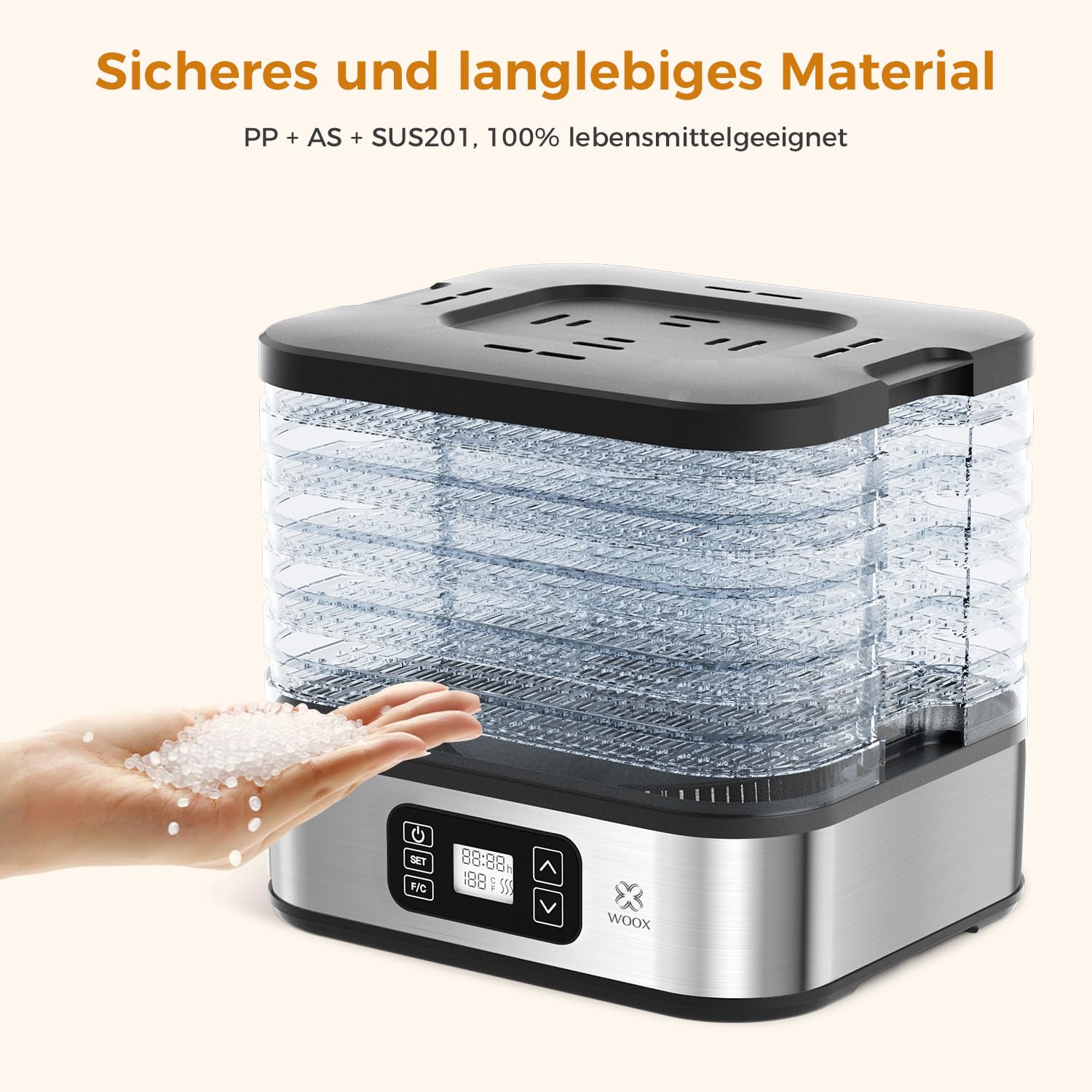 WOOX Dörrautomat, Dörrgerät mit Temperaturregler, 240W, 35-75°C, 72h-Timer, 5 Einlegefächer, Dörrautomat Edelstahl für Fleisch, Obst, Gemüse, Dehydrator - BPA frei