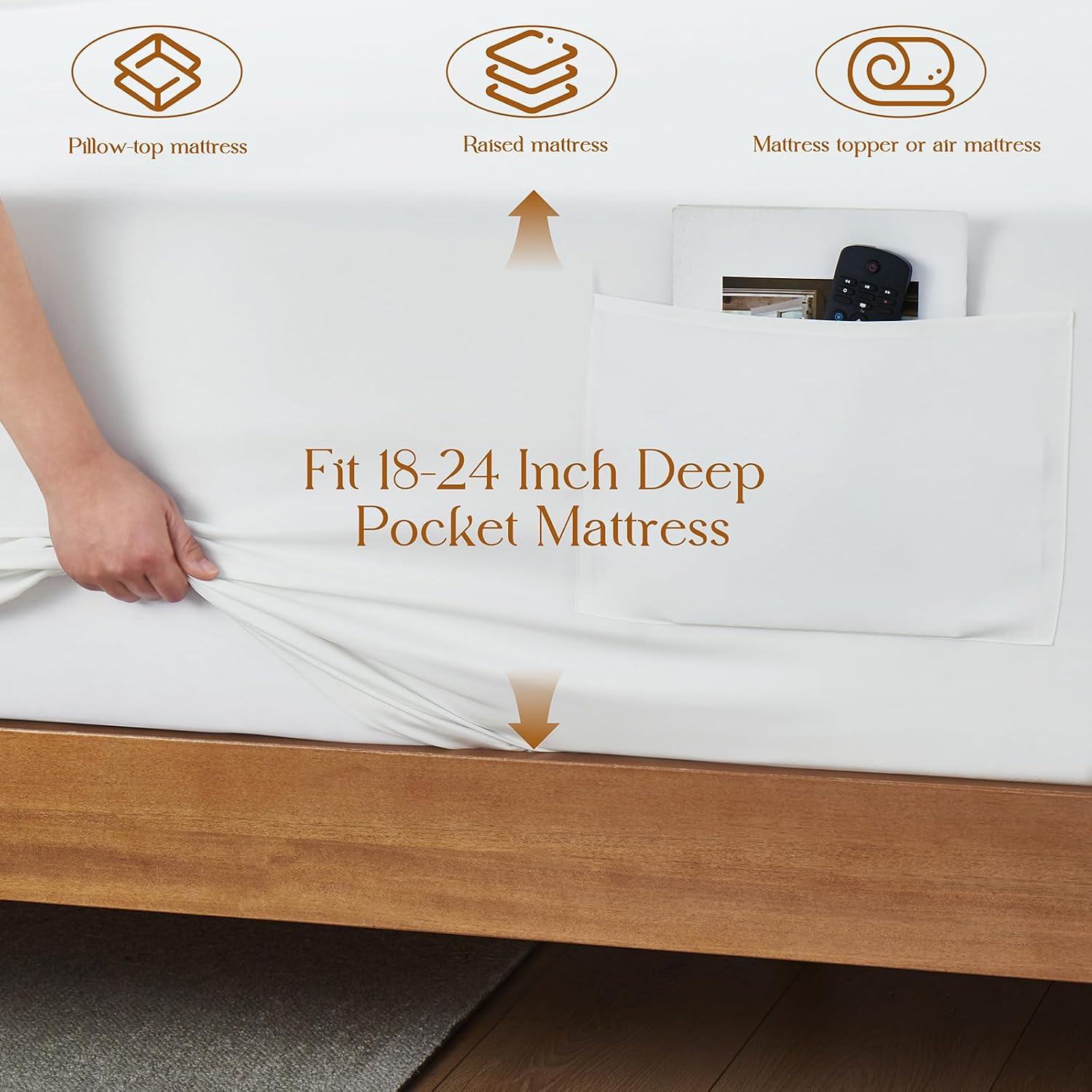 Vonty White Queen Extra Deep Pocket Fitted Sheet Set with Side Pockets