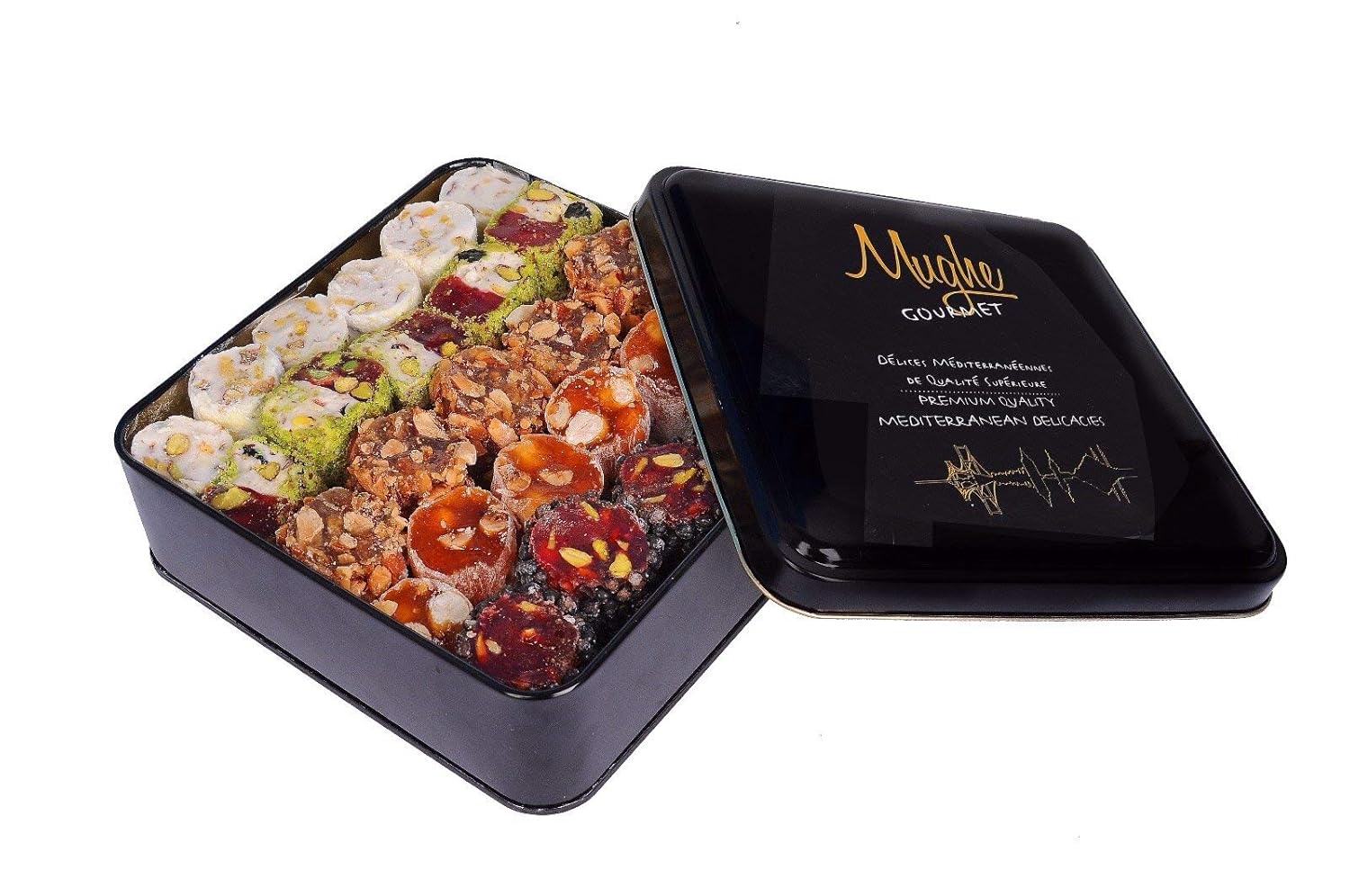 Mughe Gourmet Luxury Sultan Pistachio Turkish Delight Candy Elegant Gift Tin Box - Lokum Delights Orange, Hazelnut, Almonds - 2.2lb/1000g/54pc - Perfect Gifts for Mother's Day, Father's Day, Birthday