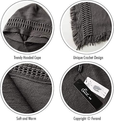 Miniatura 4 de Capa con capucha Ferand, con flequillo en el dobladillo, patrones de ganchillo para tejer poncho, para mujer.