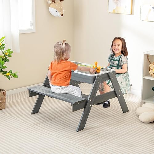 Vista 18 de Costzon Mesa de picnic para niños con cubos sensoriales, mesa de arena y agua 4 en 1 con paraguas de altura ajustable, mesa extraíble para jugar al