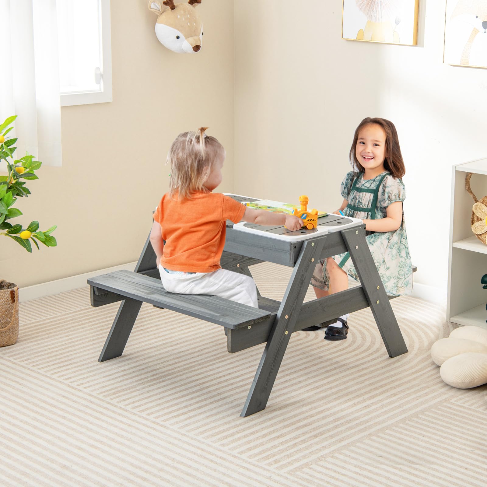 COSTWAY Table de Pique-Nique Enfants avec Parasol Réglable & 3 Bacs Amovible, Table de Jardin Extérieur en Sapin pour Sable et Eau, Charge 100kg pour Enfants de 3 Ans+ pour Jardin Terrasse