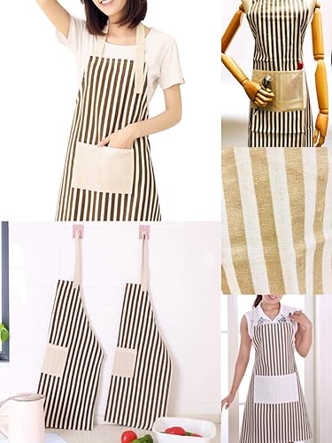 Delantales con bolsillos, chef de aseo para lavar platos, uso comercial y doméstico, unisex (rayas marrones, 100% algodón de lona), Tiras marrones