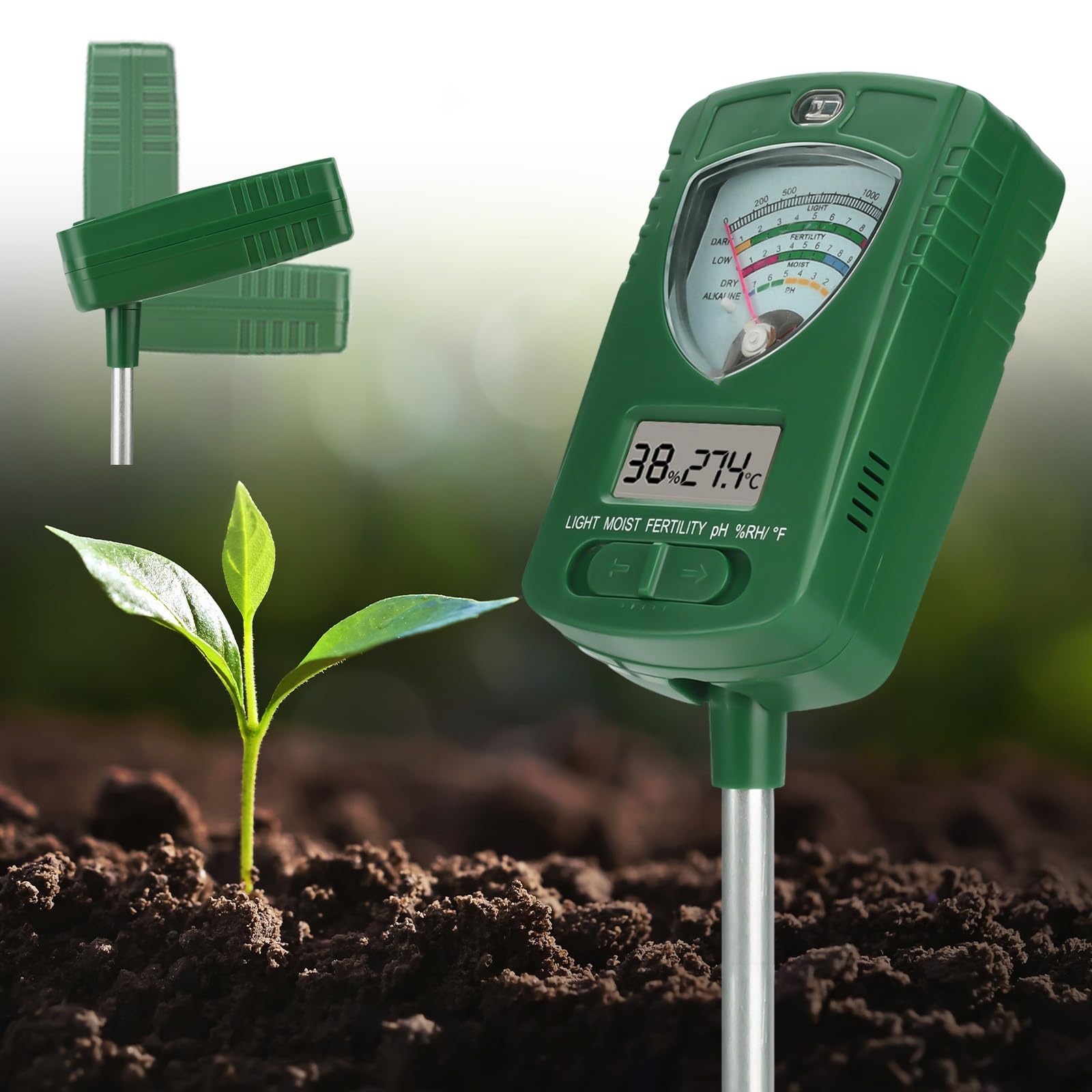 Fastsaw 7 in 1 Bodenmessgerät, LCD Multifunktions-Bodentester, misst Feuchtigkeit, Temperatur, pH, Dünger, Licht, Luftfeuchtigkeit, Bodenanalysator für Pflanzen, Garten, Rasen, Gewächshaus