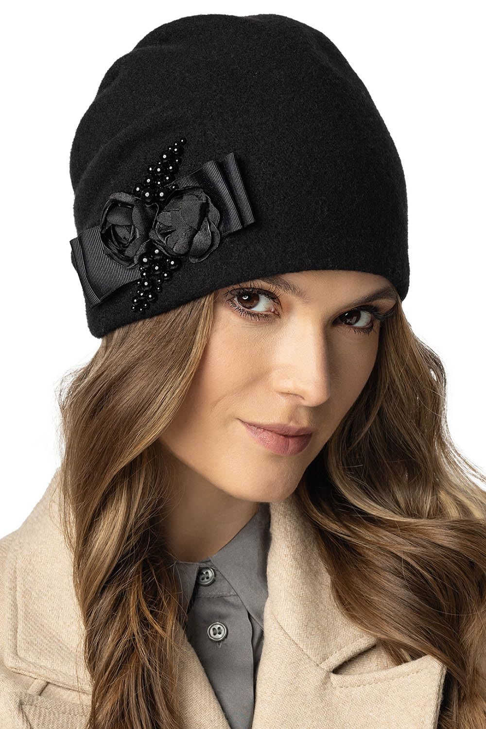Vivisence Cappello Donna Elegante Fatto A Mano in Alpaca di con Piega Decorativa E Fodera in Pile Applicazione di Rose in Raso E Perle Antistatico Perfetto per l'inverno Idea Regalo