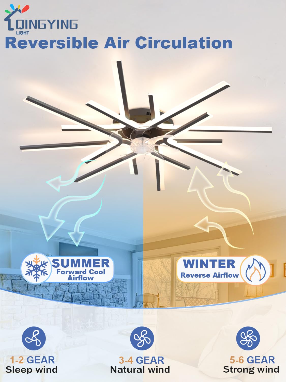 Moderne Lustre Ventilateur Avec Télécommande APP, DC 6 Vitesses Réversibles Ventilateur Plafond Avec Lumiere, LED Dimmable Lustre Ventilo Pour Chambres Et Salons-Black||8 Heads