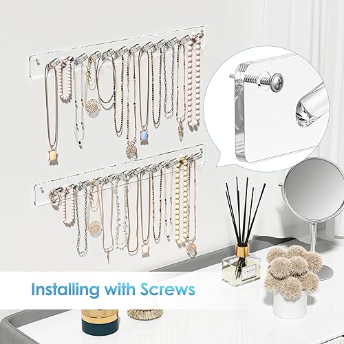 Vista 13 de MaxGear Soporte acrílico para collares, 2 unidades, organizador de joyas montado en la pared para collares, pulseras, anillos y brazaletes, ganchos