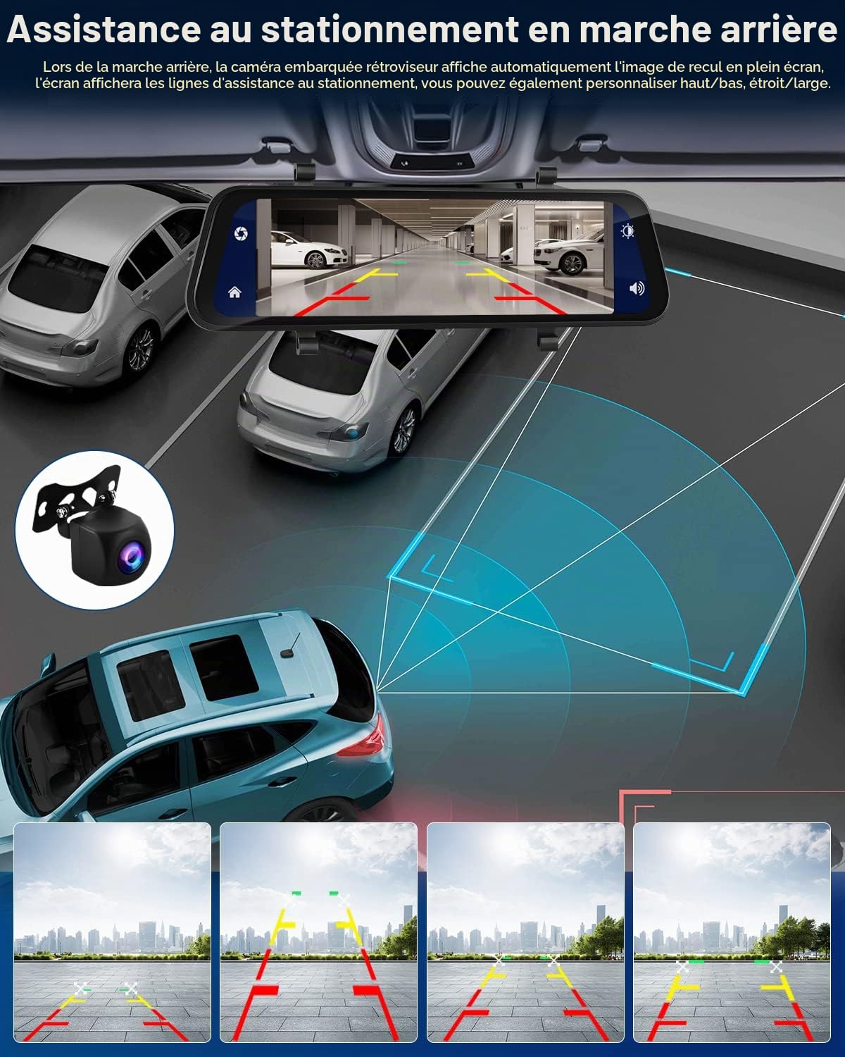 Dashcam Voiture Rétroviseur 9,66'' Carplay Android Auto | Caméra de Recul, Commande Vocale GPS Night Vision, Enregistrement Boucle Capteur G Surveillance Stationnement, SD 32G