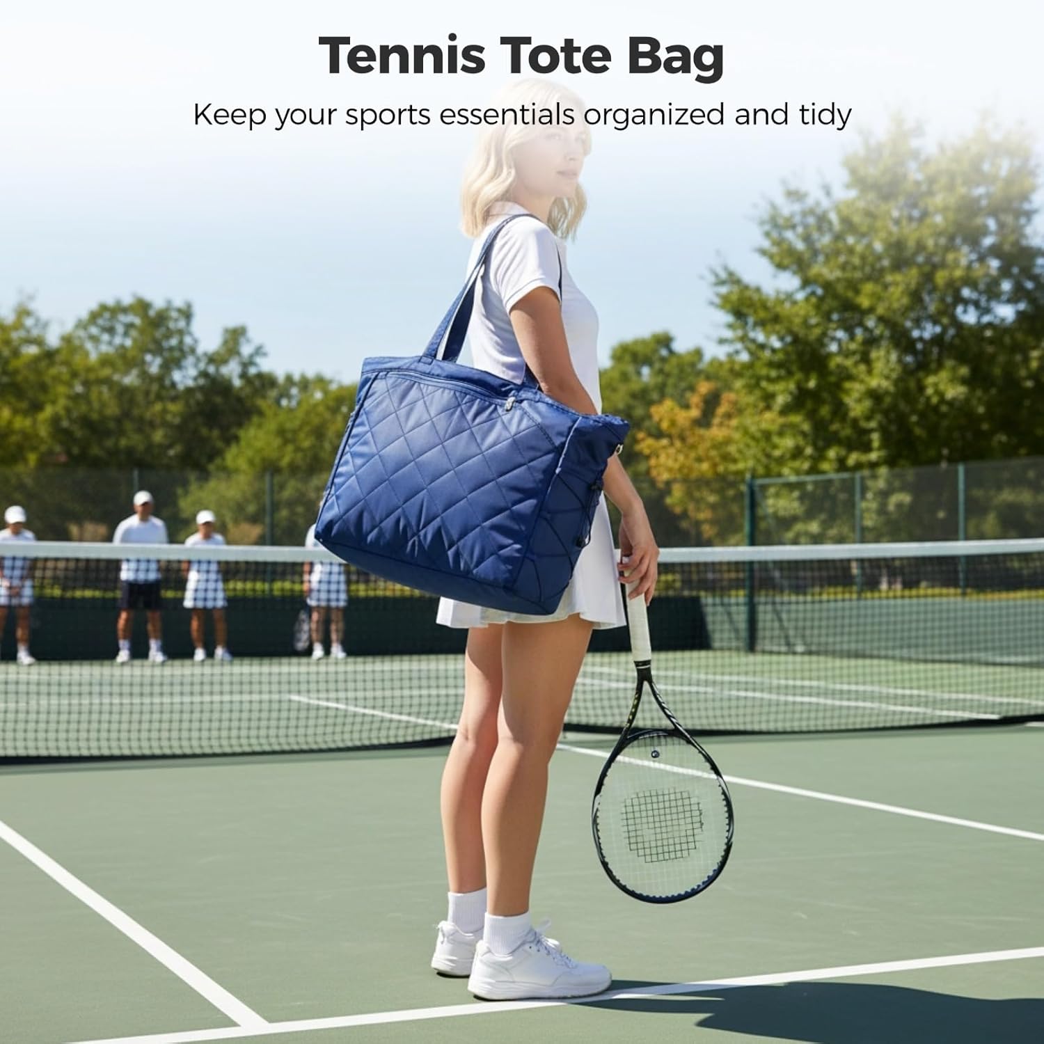 Tennis Tote Bag with Shoe Compartment, Quilted Sport Bag, Navy Blue Gym Bag with Waterproof Pocket & Bottle Holder for Women Men