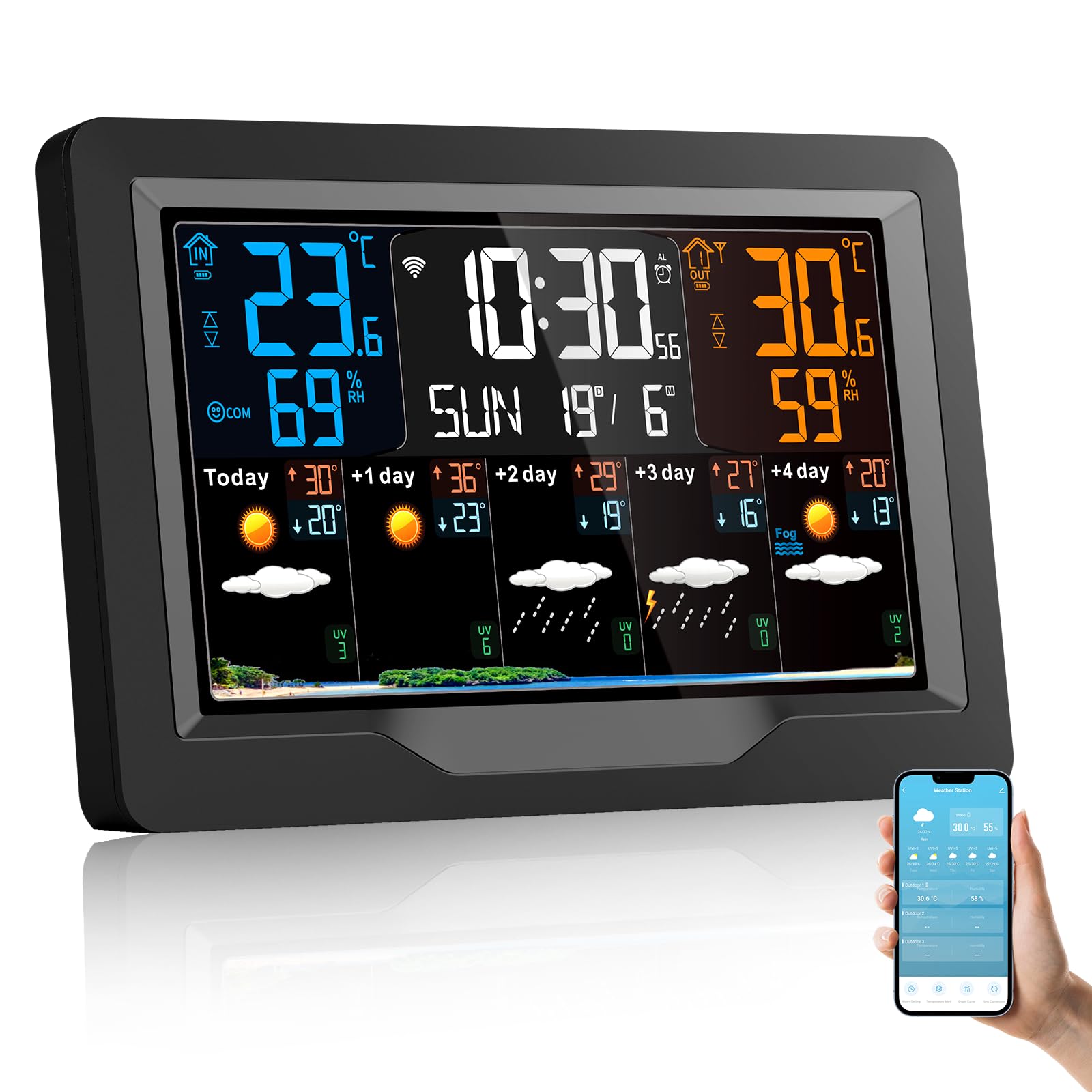 VIFLYKOO EM3390TF Wireless Weather Station main unit and outdoor sensor.