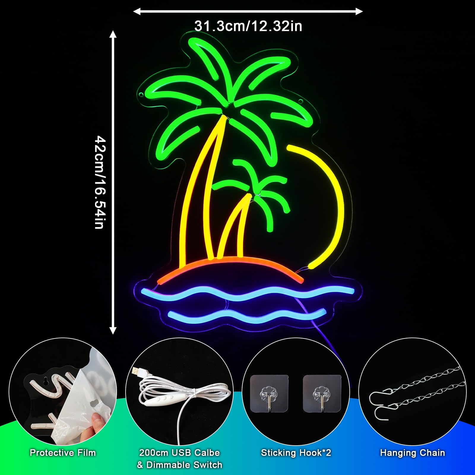 Panneau Tropical Palme Néon Cocotier Néon LED Panneau Mural Plage Surf Néon USB Panneau LED pour Bar à Bière Chambre à Coucher Café Club Professionnel Maison Pub Fête Décorations