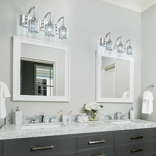 Miniatura 3 de Lámpara de tocador de cristal de 3 luces, moderno aplique de pared de baño cromado con pantallas de cristal K9, iluminación de espejo de 23.62