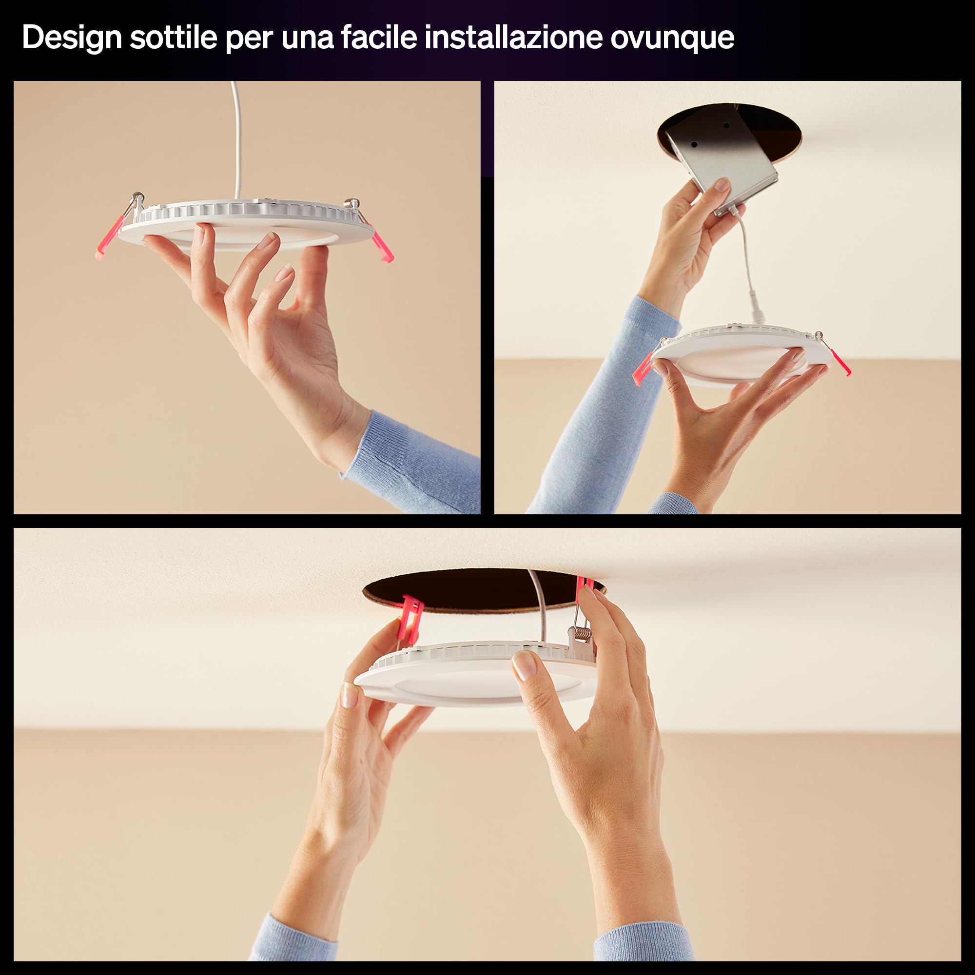 Philips Hue Slim Downlight, Plafoniera da incasso, Confezione da 4, Bianco | Smart LED, 90 mm, 1000 lm, Luce diurna 1000 K-20000 K, Regolazione ultrabassa, Colore preciso, Smart Home