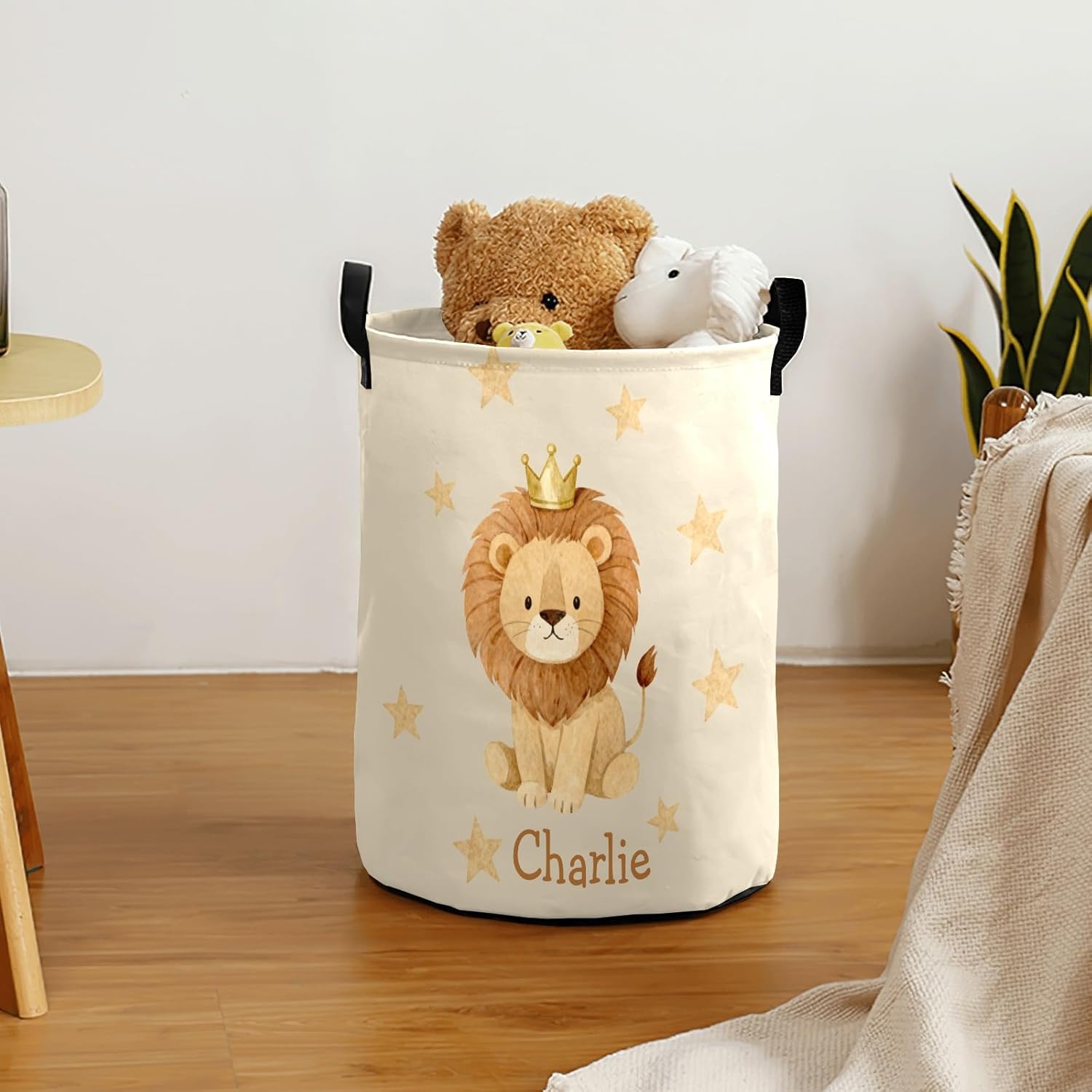 Jungle Crown Lion Personalized Laundry Basket Custom Name Collapsible Waterproof Laundry Hamper Clothes with Handle for Bedroom Bathroom Nursery Decor