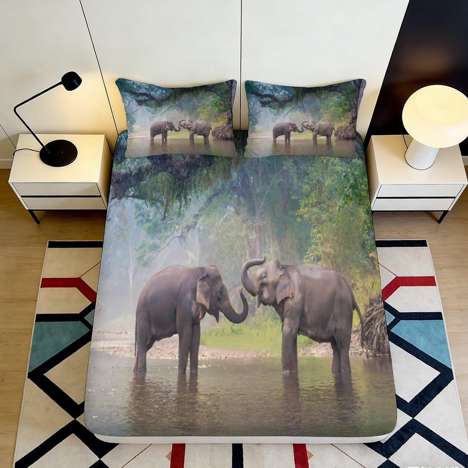 3D Printed Elephant Pattern Fitted Sheet Microfiber Soft Durable Forest Scene Bed Cover for Bedroom Dormitory Guest Room Mattress Protection 140x200x25cm