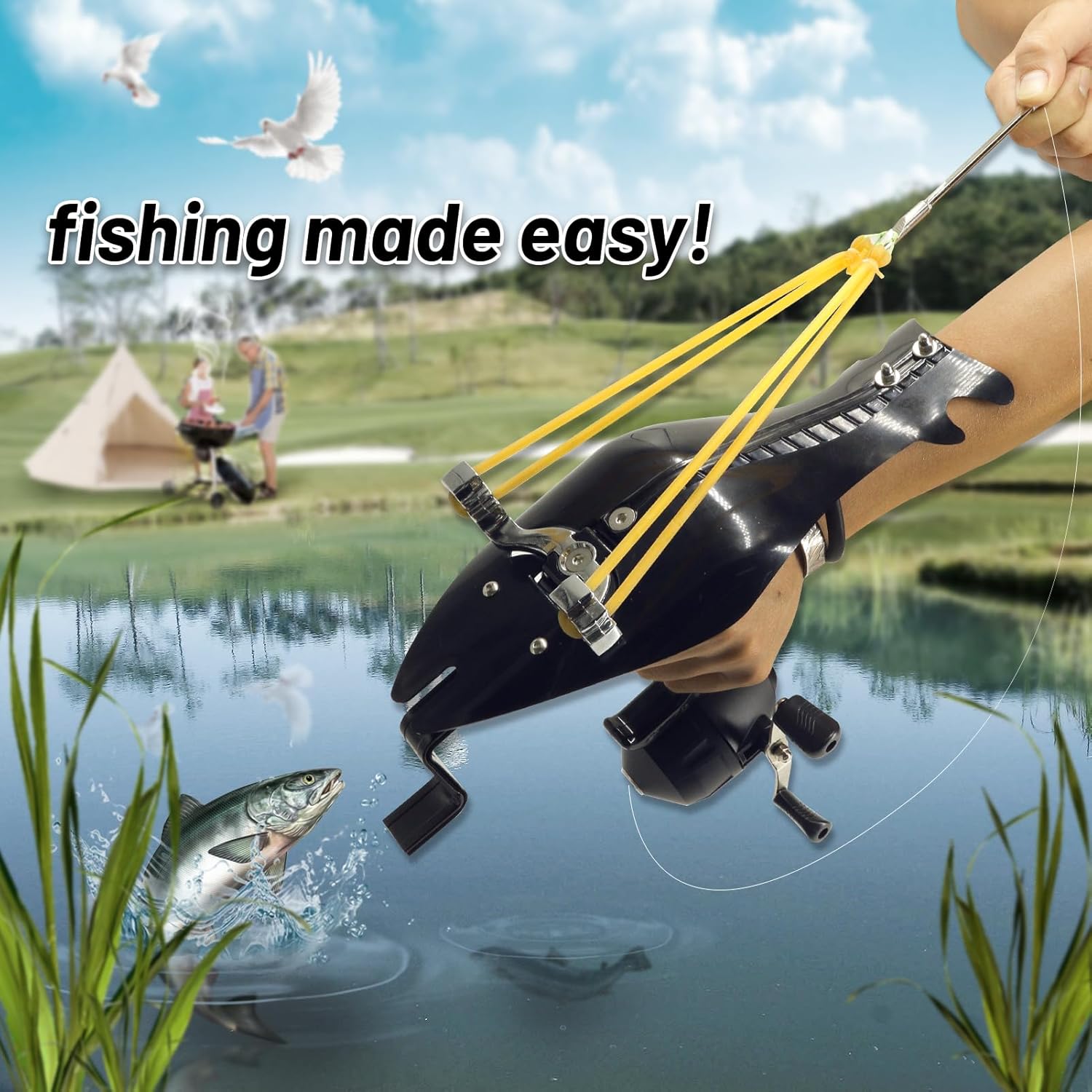 OBTOUTDOOR Powerful Slingshots for Hunting Fishing Slingshot with Rubber Bands Fishing Reel and Fishing Darts Catapult Slingshots for Fishing