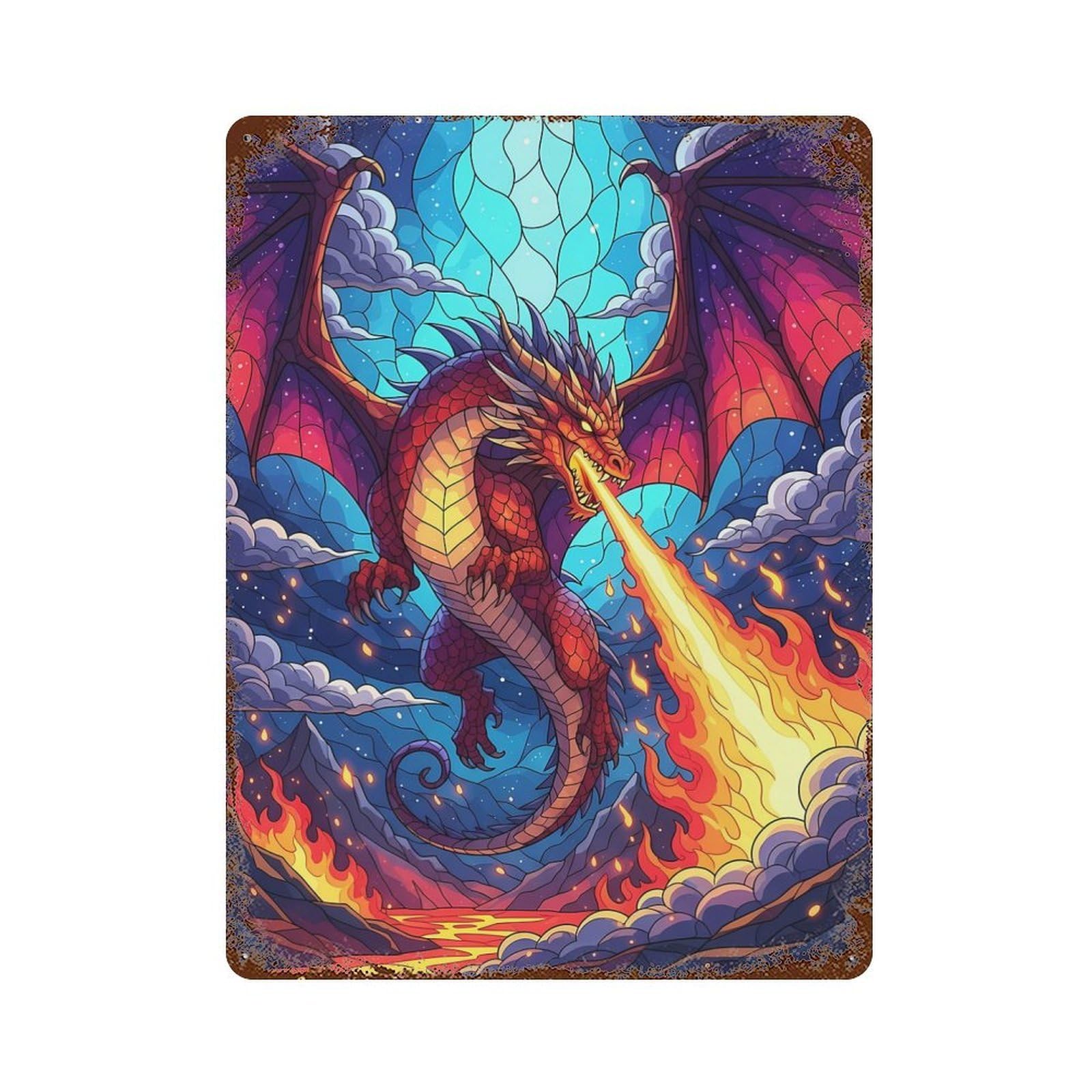 Stained Glass Dragon Breathing Fire Rusty Metal Tin Sign 15.7"x11.8", Industrial Home Decor for Garage, Pub Or Kitchen