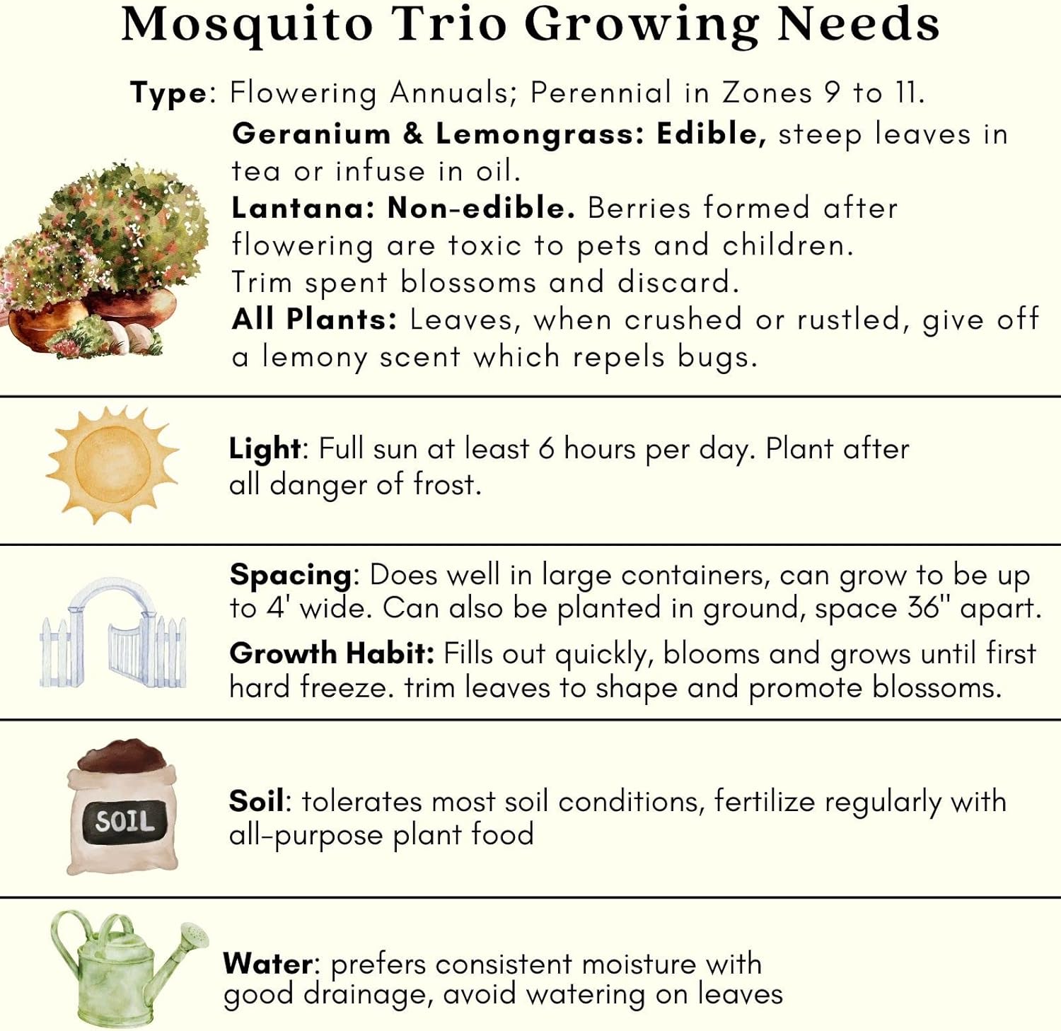 Clovers Garden Mosquito Trio Nine (9) Mosquito Repellent Live Plants – Non-GMO - Each 4" to 8" Tall – in 4" Inch Pots - Includes Citronella Geranium, Lemongrass, Lantana Plants (3 of Each)