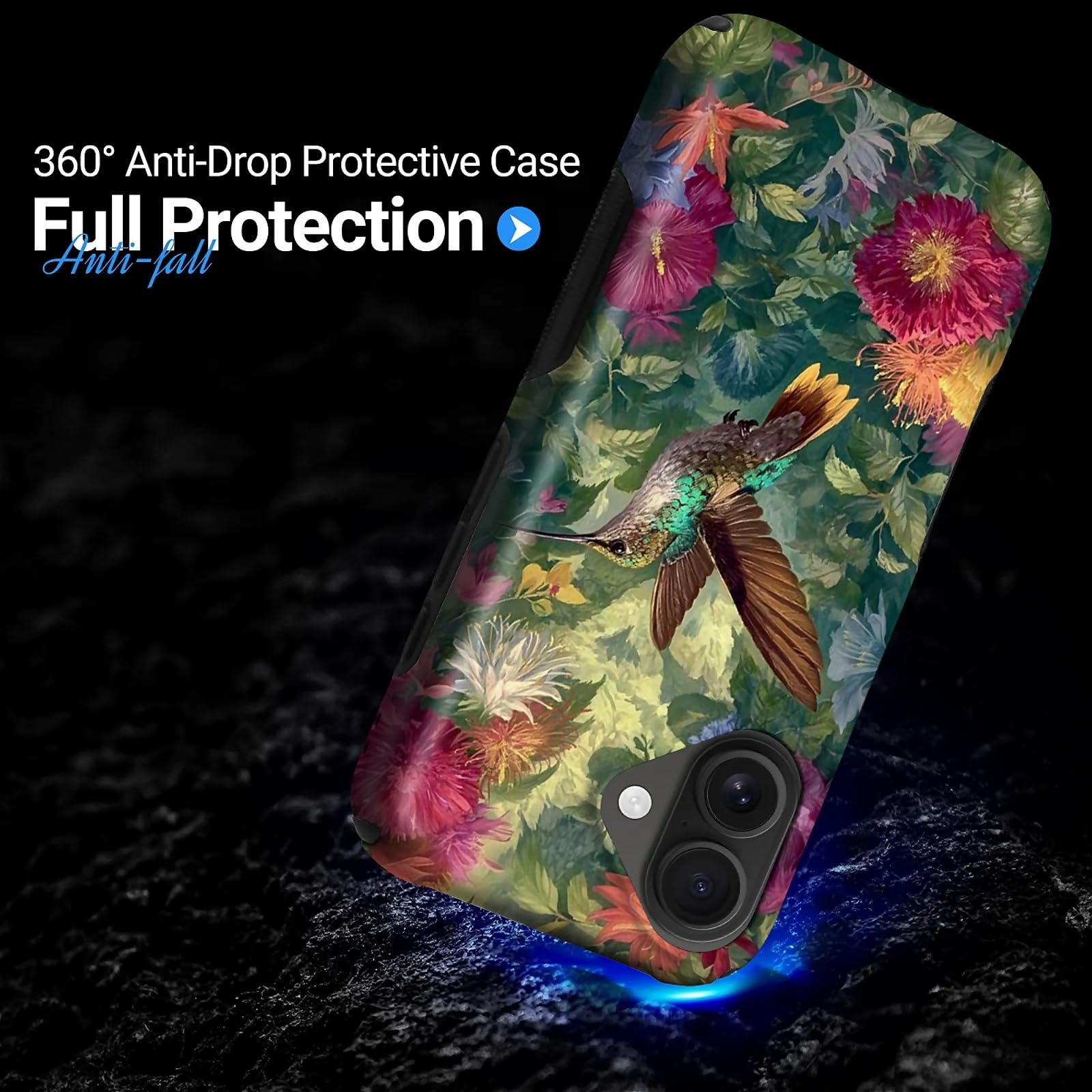 CARLOCA per iPhone 16 Compatibile con Magsafe Custodia protettiva integrale per ragazza ragazzo antiurto ricarica magnetica motivo elegante colibrì volante fiori colorati