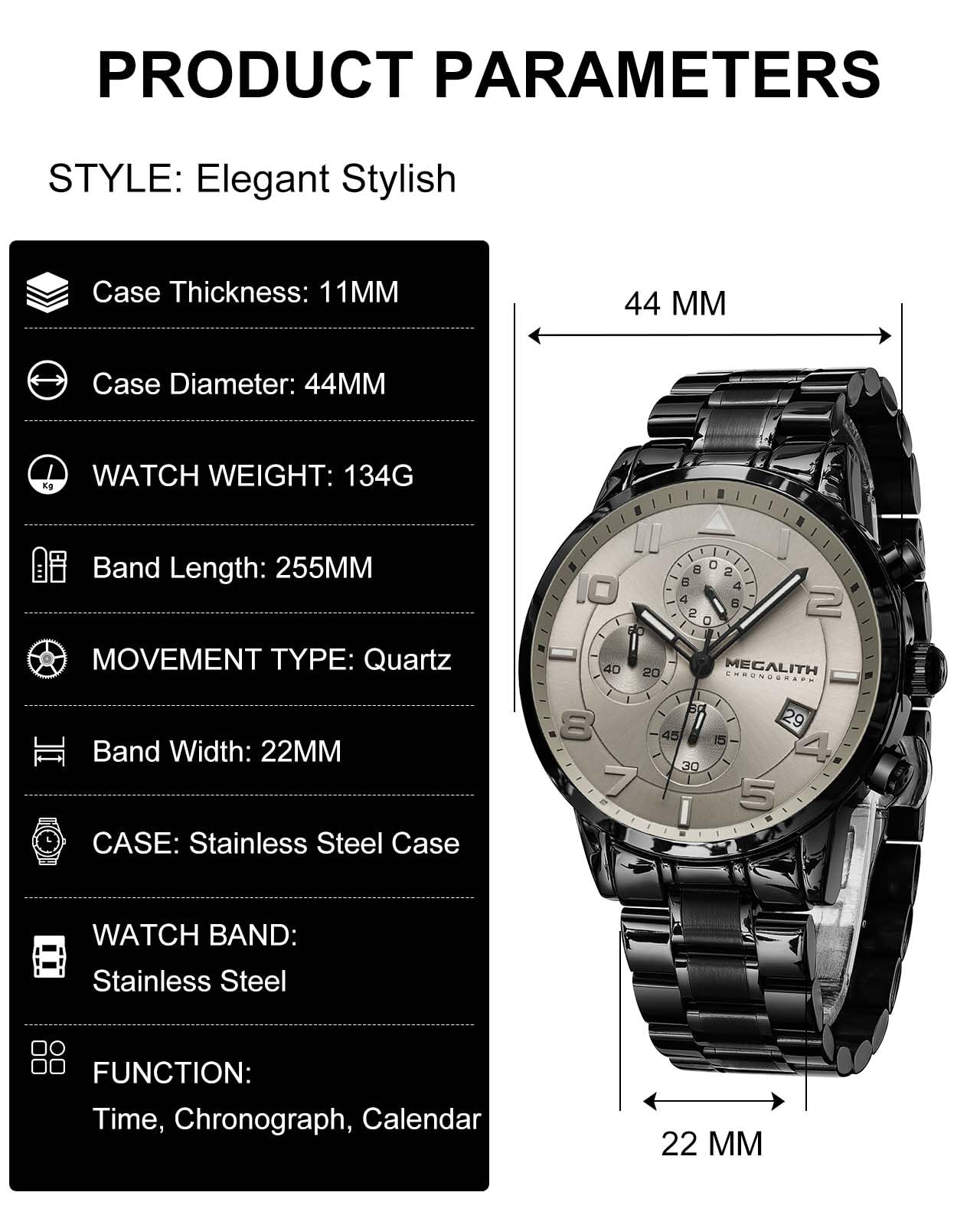 MEGALITH Montre Homme Chronographe Analogique: Grand 44 mm Quartz Etanche | Montre Habillée Acier Inoxydable avec Date Aiguille Lumineuse pour Travail et Loisirs Quotidiens - Cadeau pour Père Mari Fils