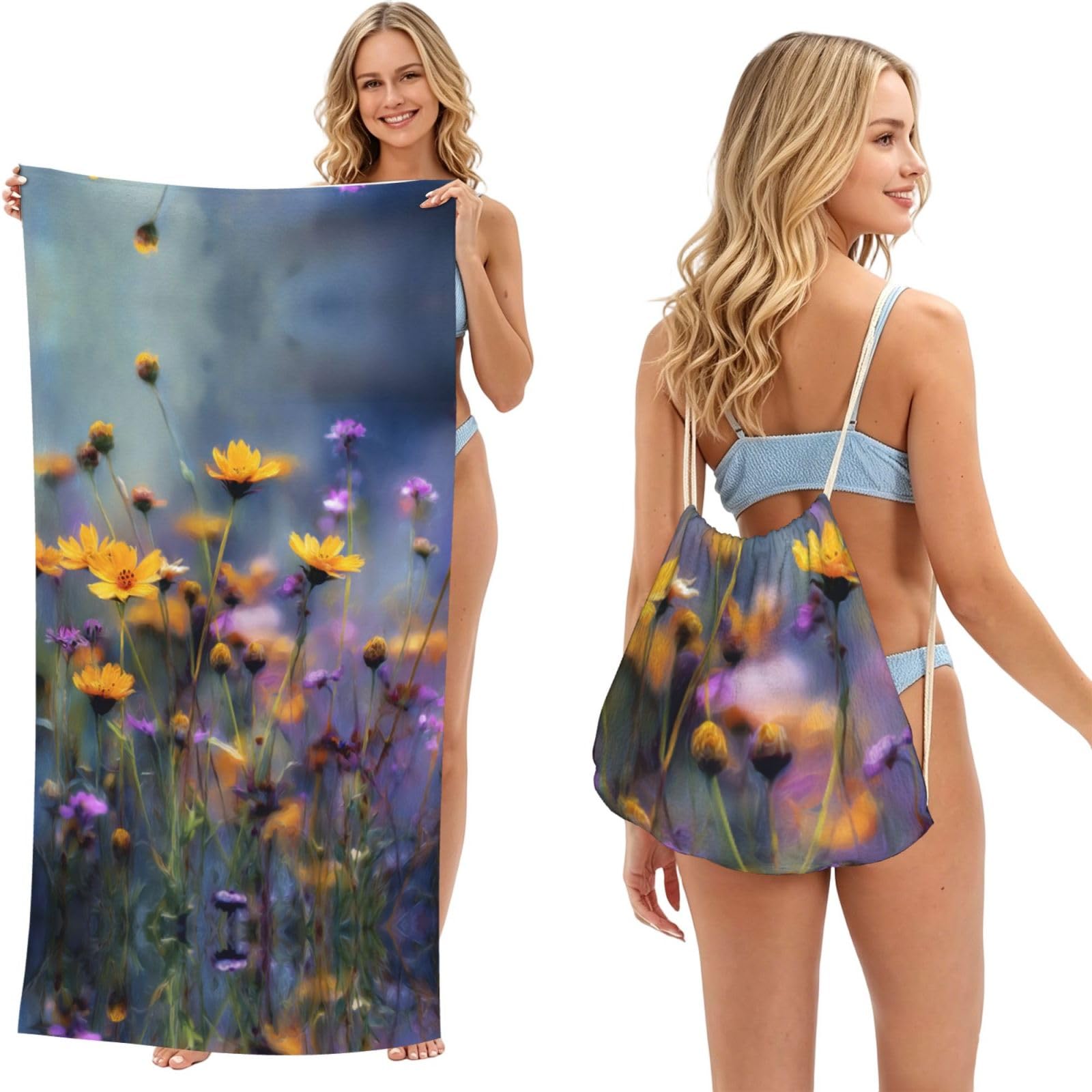 ESNAIUVCD Wild Flowers Print Beach Towel For Adults,Towel With Drawstring Bag, Travel Pool Swimming Sports Shower Sand Free Quick Dry Bath Towel For Pool, Beach, Yoga- 180x60cm