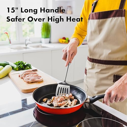 Miniatura 7 de Juego de espátulas de acero inoxidable 1810, espátulas de metal de 15 pulgadas para uso en cocina, 1 espátula ranurada + 1 espátula sólida,