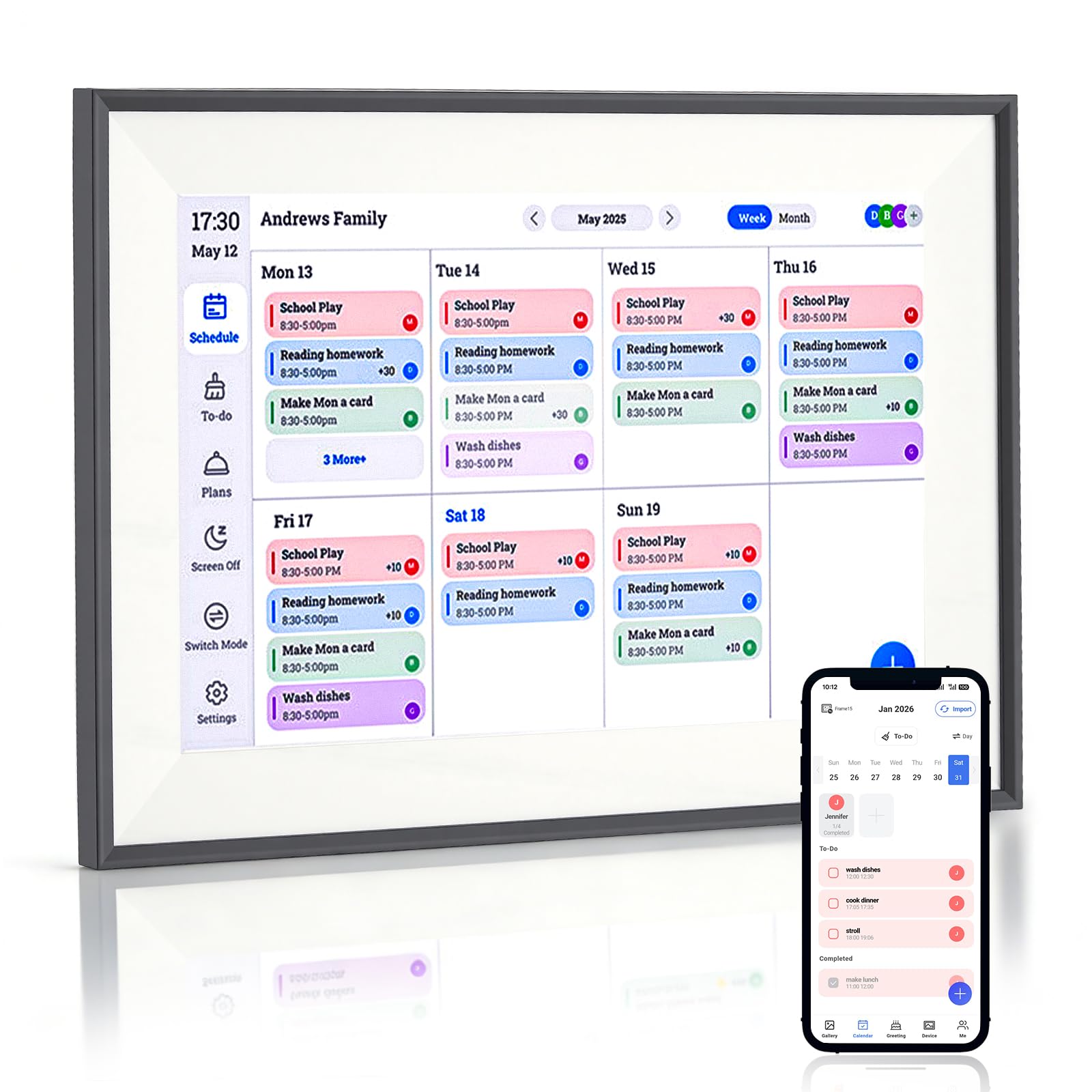 Calendario digital de 10,1 pulgadas con pantalla táctil, calendario 3 en 1 y marco de fotos en la nube y galería, 32 GB de memoria, planificador familiar electrónico IPS, gestor de tareas, calendario