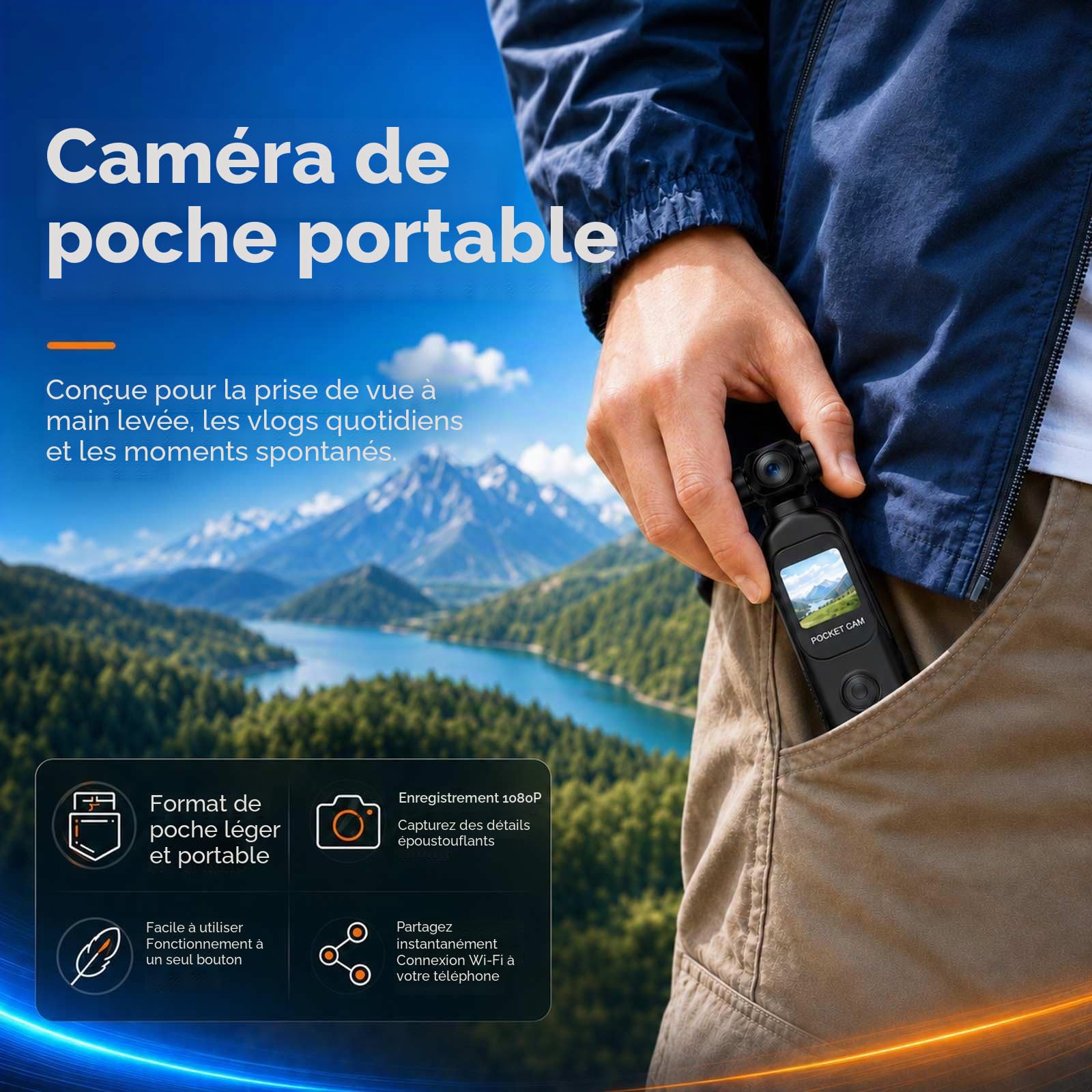 Caméra de vlogging avec Objectif Rotatif à 270°, caméra de Poche avec Enregistrement Audio et vidéo, Batterie de 14 Heures, caméras POV Portables avec 32 Go, Enregistrement Facile à Un Seul