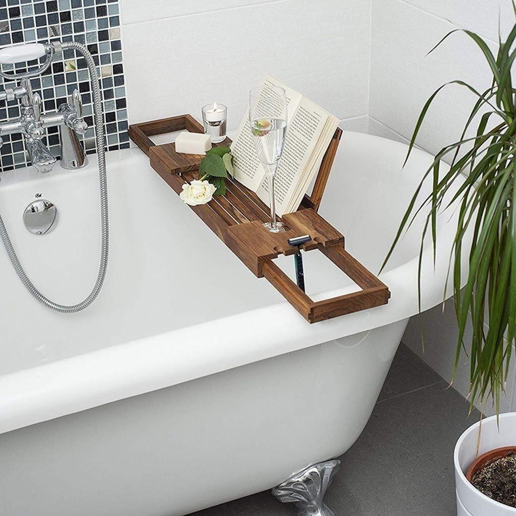 Bandeja de baño y Estante de baño telescópico de Madera Soporte de Bandeja de Cama para computadora portátil para Libros o tabletas Soporte de bañera Soporte de bañera de Barril