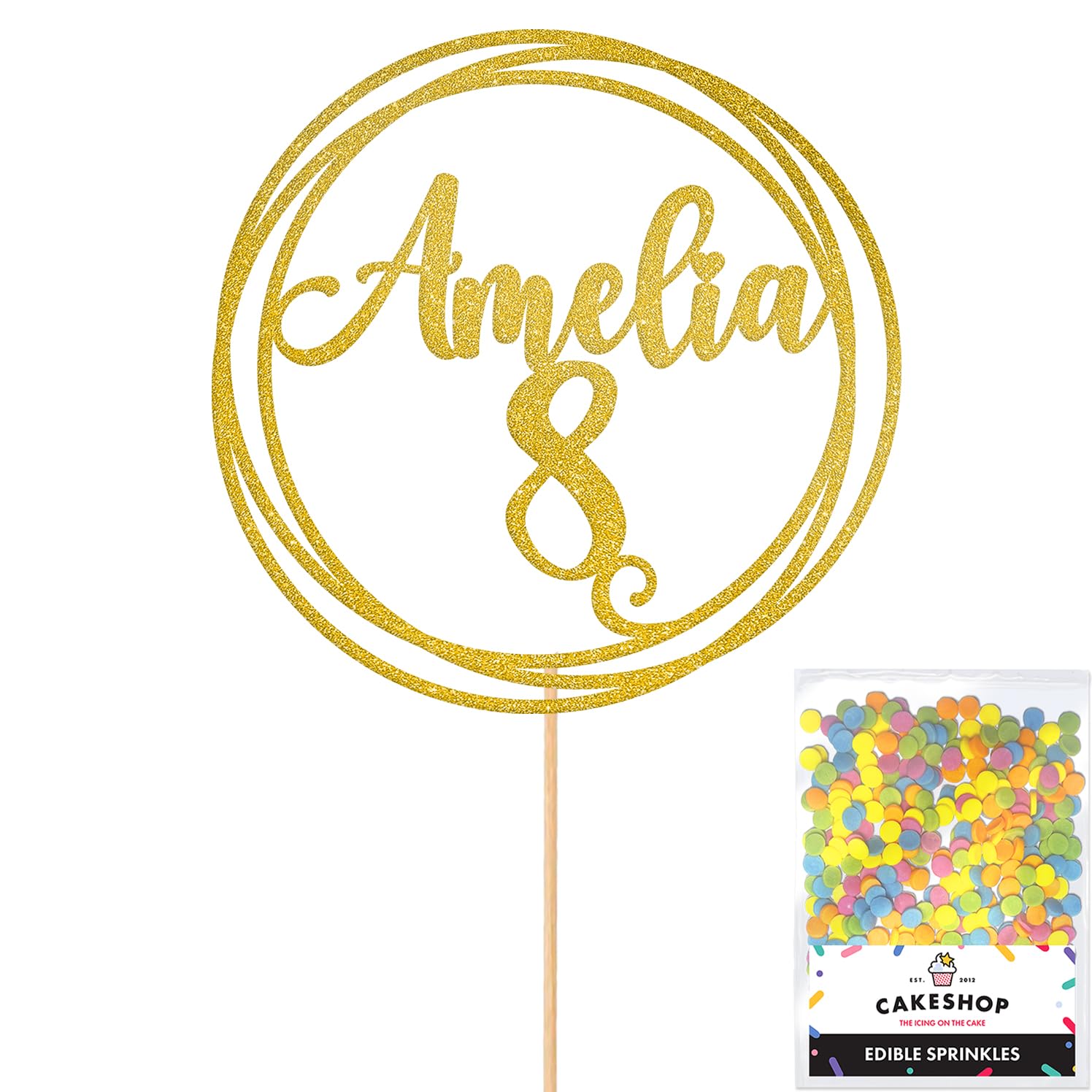 Personalised Round Happy Birthday Glitter Cake Topper - Gold Any Custom Age & Name Glitter Cake Decoration and Sprinkles - Happy Birthday Decorations - Personalised Toppers for Cakes by Cakeshop