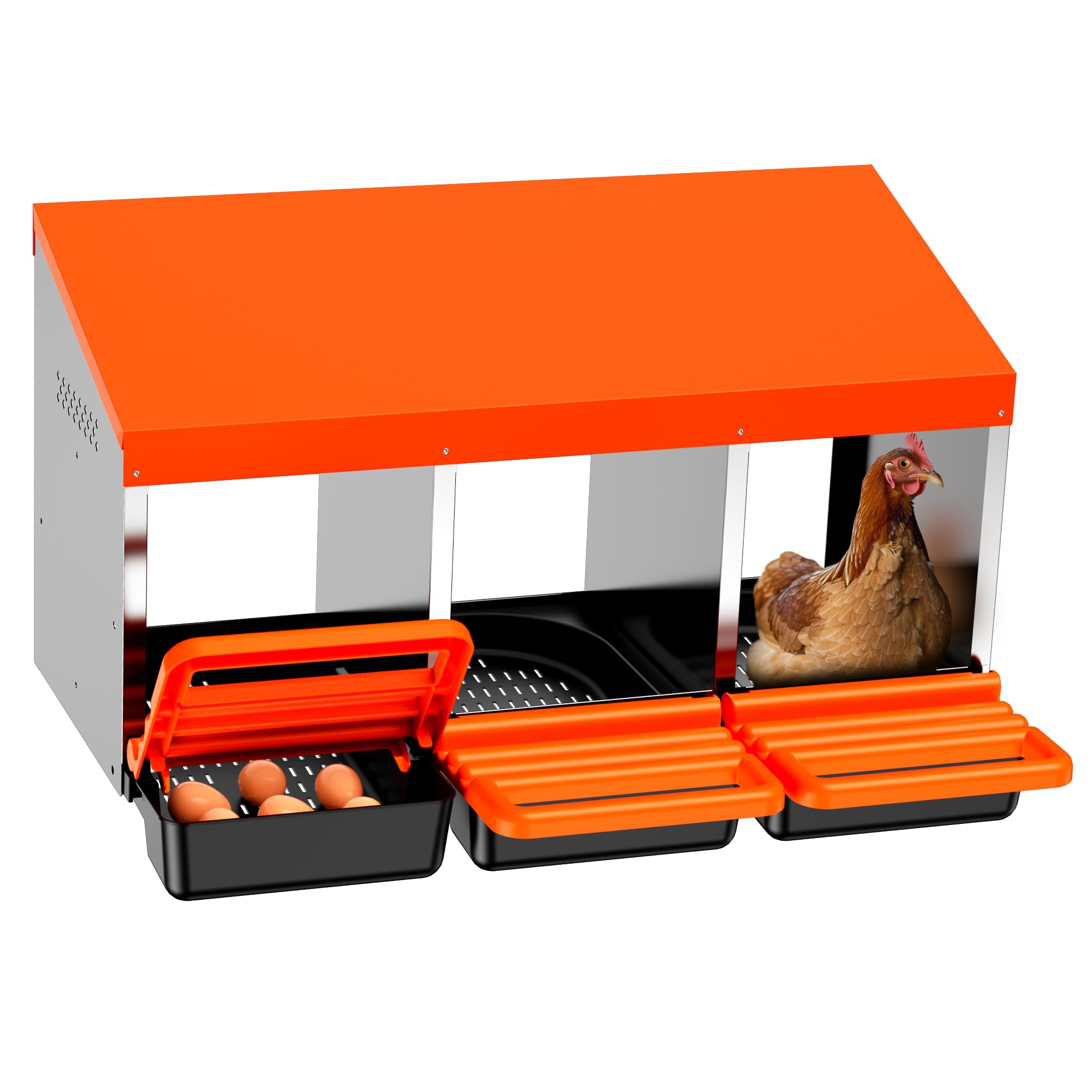 Chicken Nesting Boxes, 3 Hole Metal Chicken Egg Laying Box with Swing Perch and Rollout Egg Collection for Chicken Coop