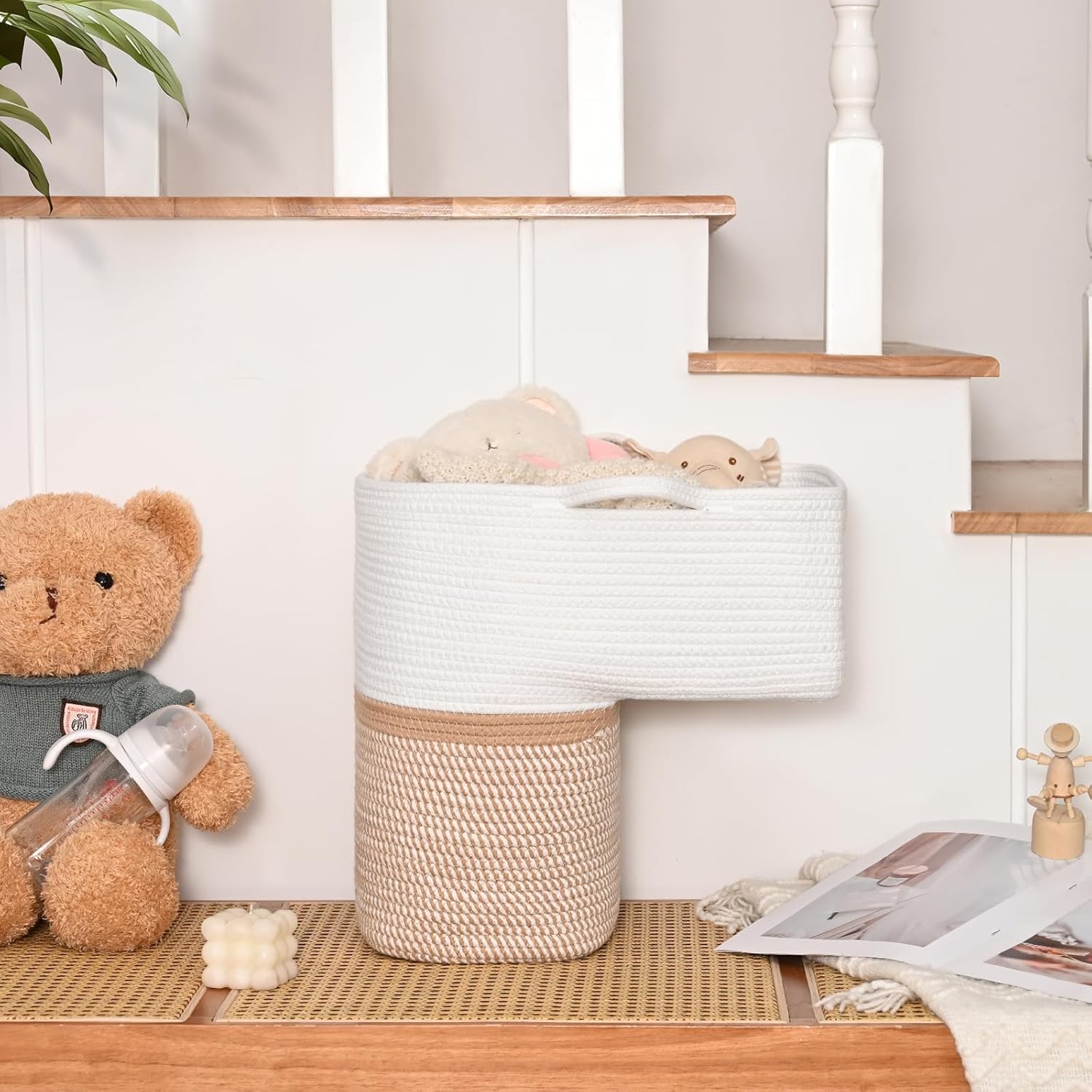 Woven Stair Basket, Stair Baskets for Wooden Stairs, Carpeted Stairs Storage Basket with Handles, Staircase Baskets for Toys, Books, Yellow, 15” L x 10” W x 15” H