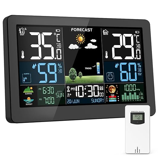 Weather Station Wireless Indoor Outdoor, Thermometer Wireless with Remote Sensor, Home Weather Station, Color Display Digital Weather Forecast, Humidity, Atomic Clock, Air Pressure for Home