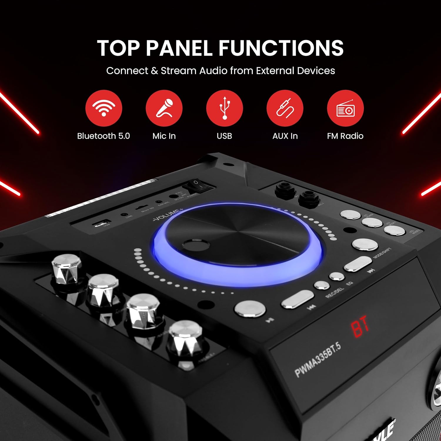 Close-up of the Pyle speaker's top control panel with various buttons and knobs