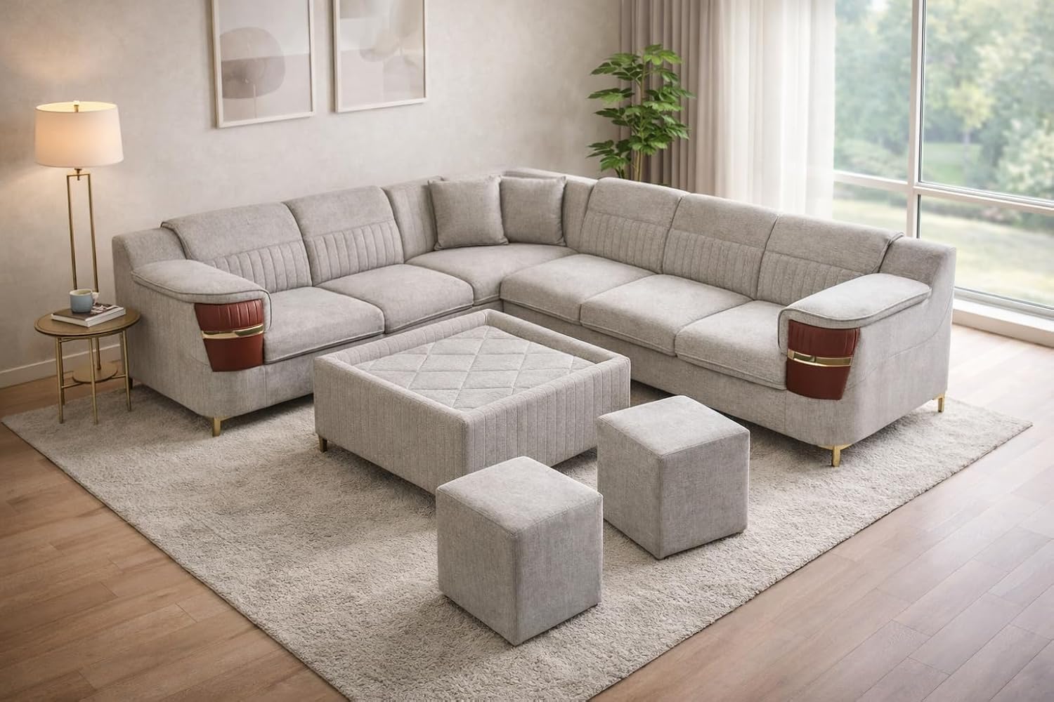 Sheijin Urban Luxe Modern L-Shaped Sofa Set with Tufted Ottoman and Two Footstools | Premium Light Gray Suede Fabric Corne... - Review, Price and Buying Guide